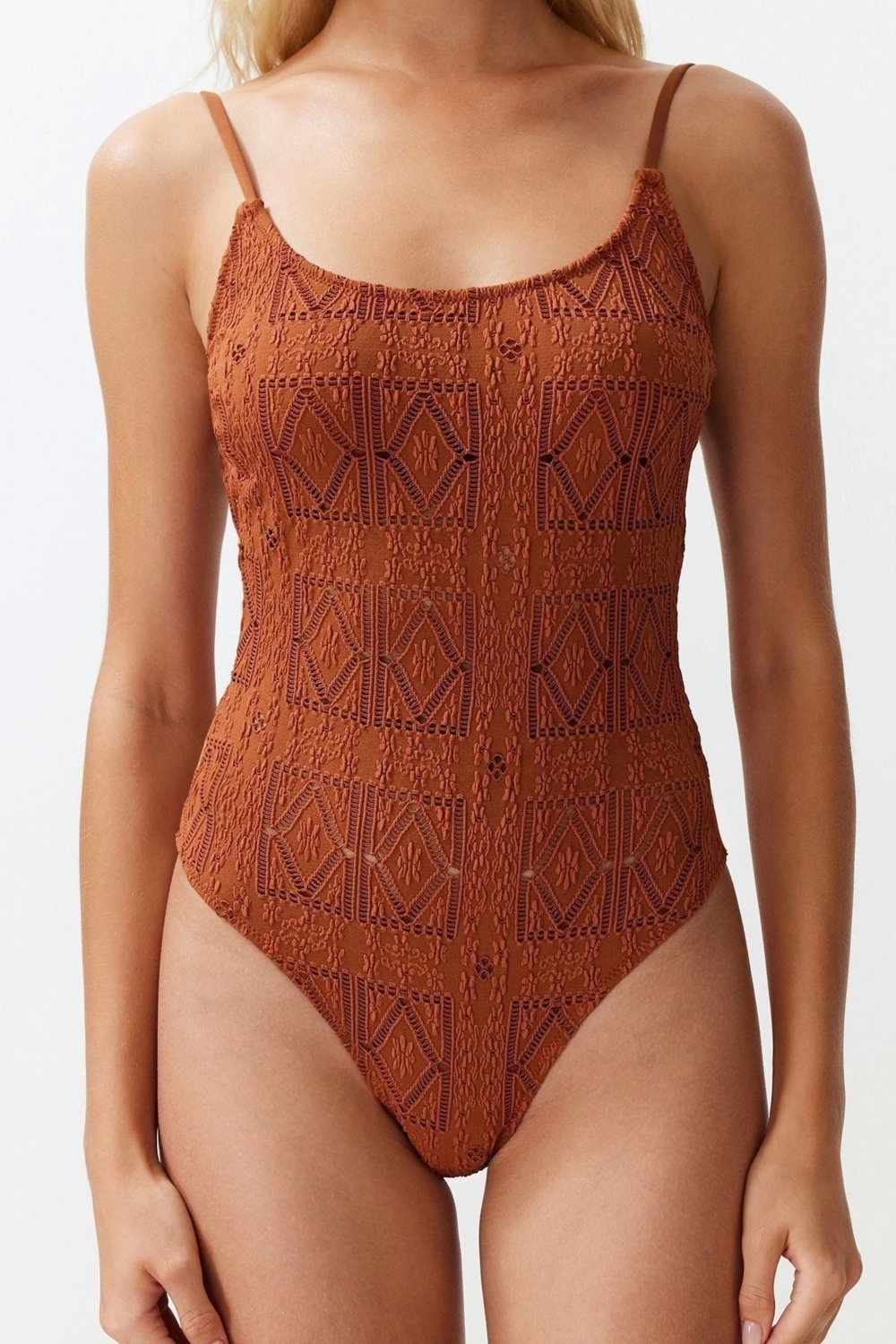 Kadın Moda Atma Kap Askılı Slip Yaka KahverengiPremium Kumaşlı Regular Mayo