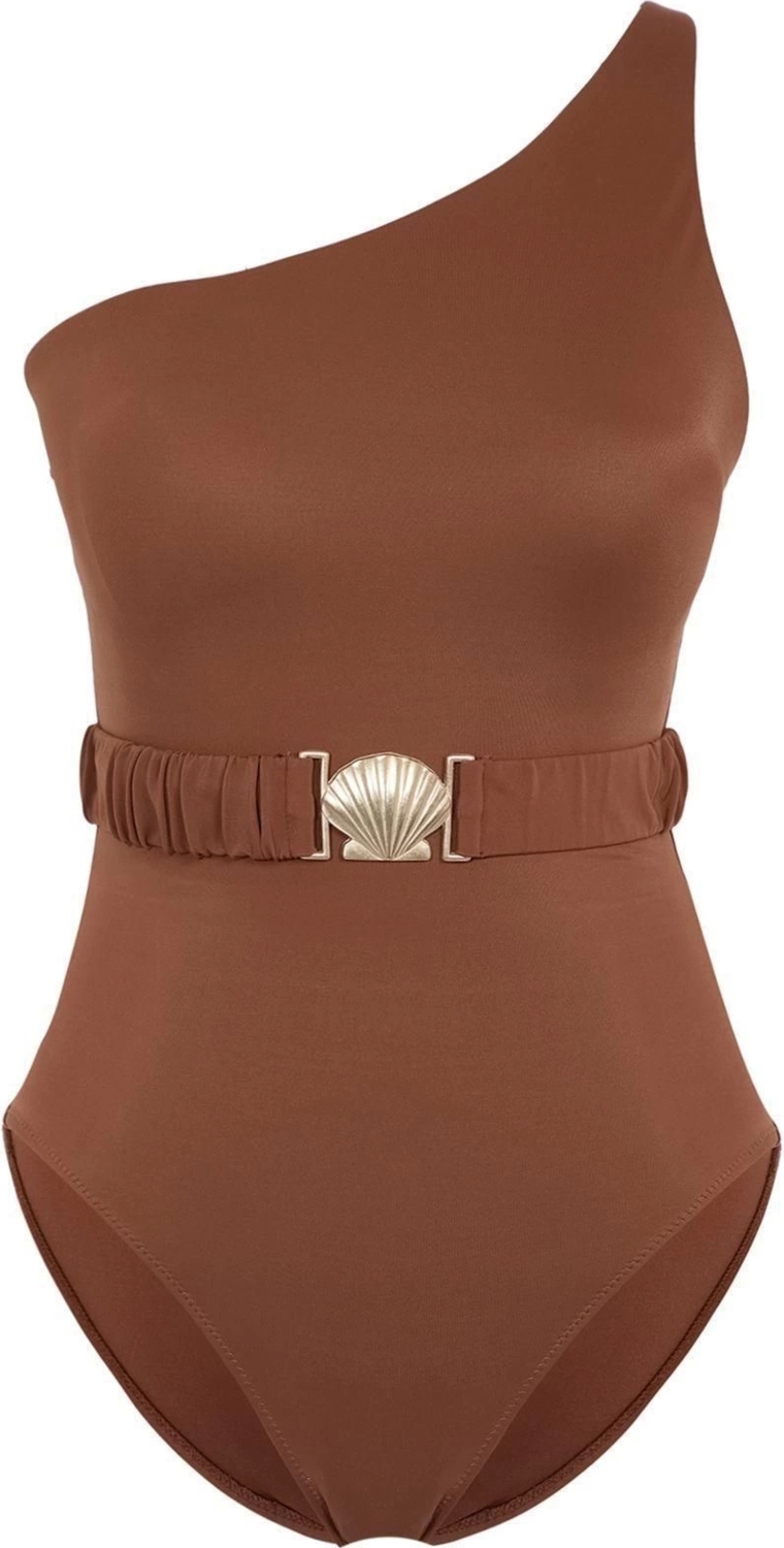 Kadın Moda Atma Kap Askılı Brief Yaka Mavi Kemerli Tek Omuz Premium Aksesuarlı Regular Mayo