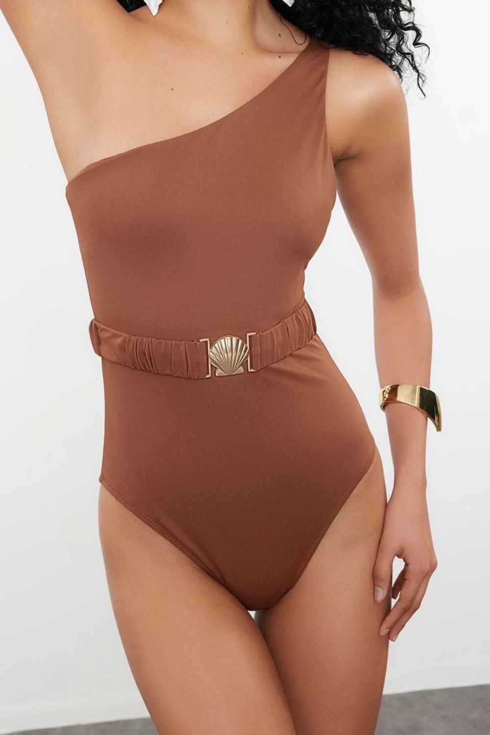 Kadın Moda Atma Kap Askılı Brief Yaka Mavi Kemerli Tek Omuz Premium Aksesuarlı Regular Mayo