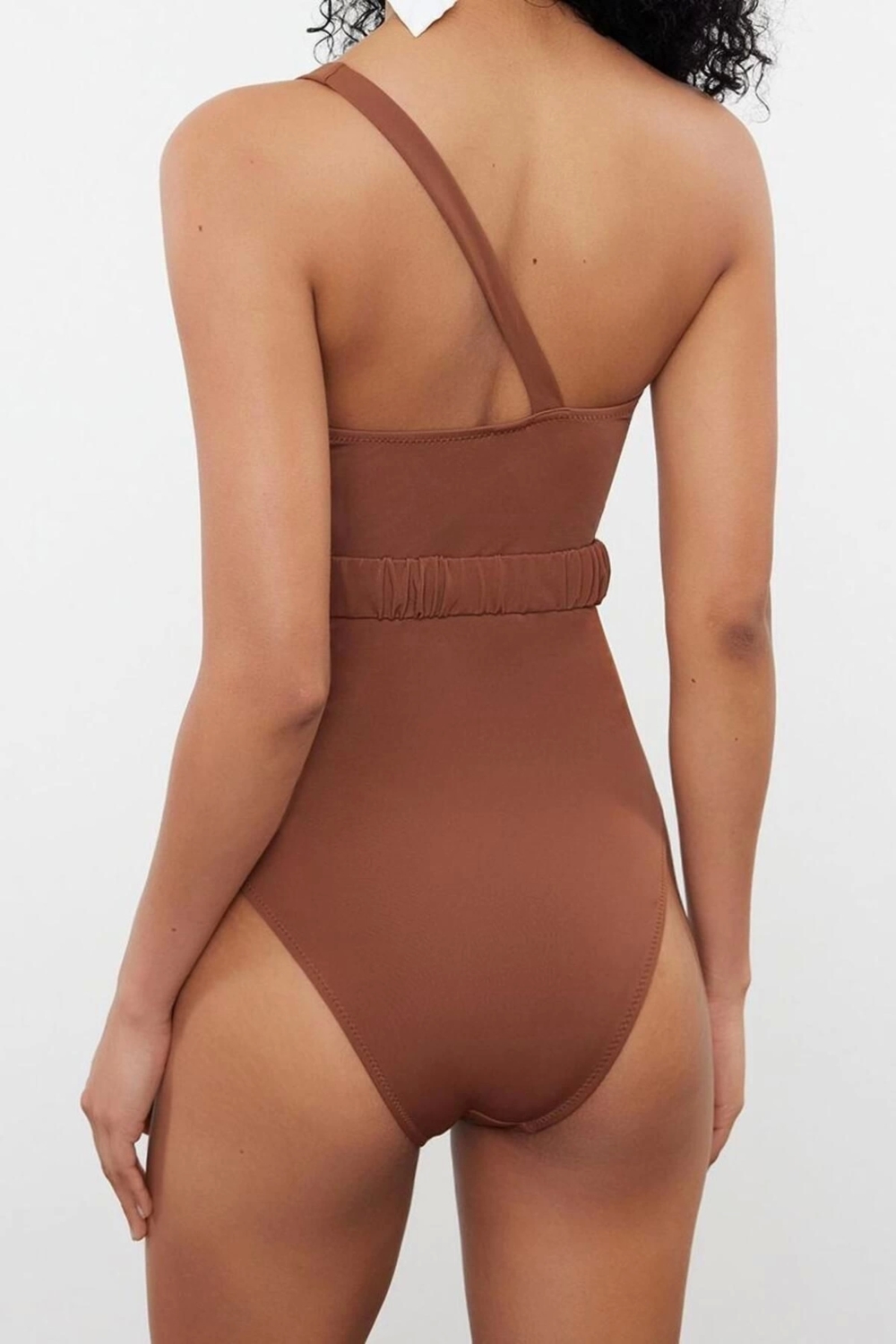 Kadın Moda Atma Kap Askılı Brief Yaka Mavi Kemerli Tek Omuz Premium Aksesuarlı Regular Mayo