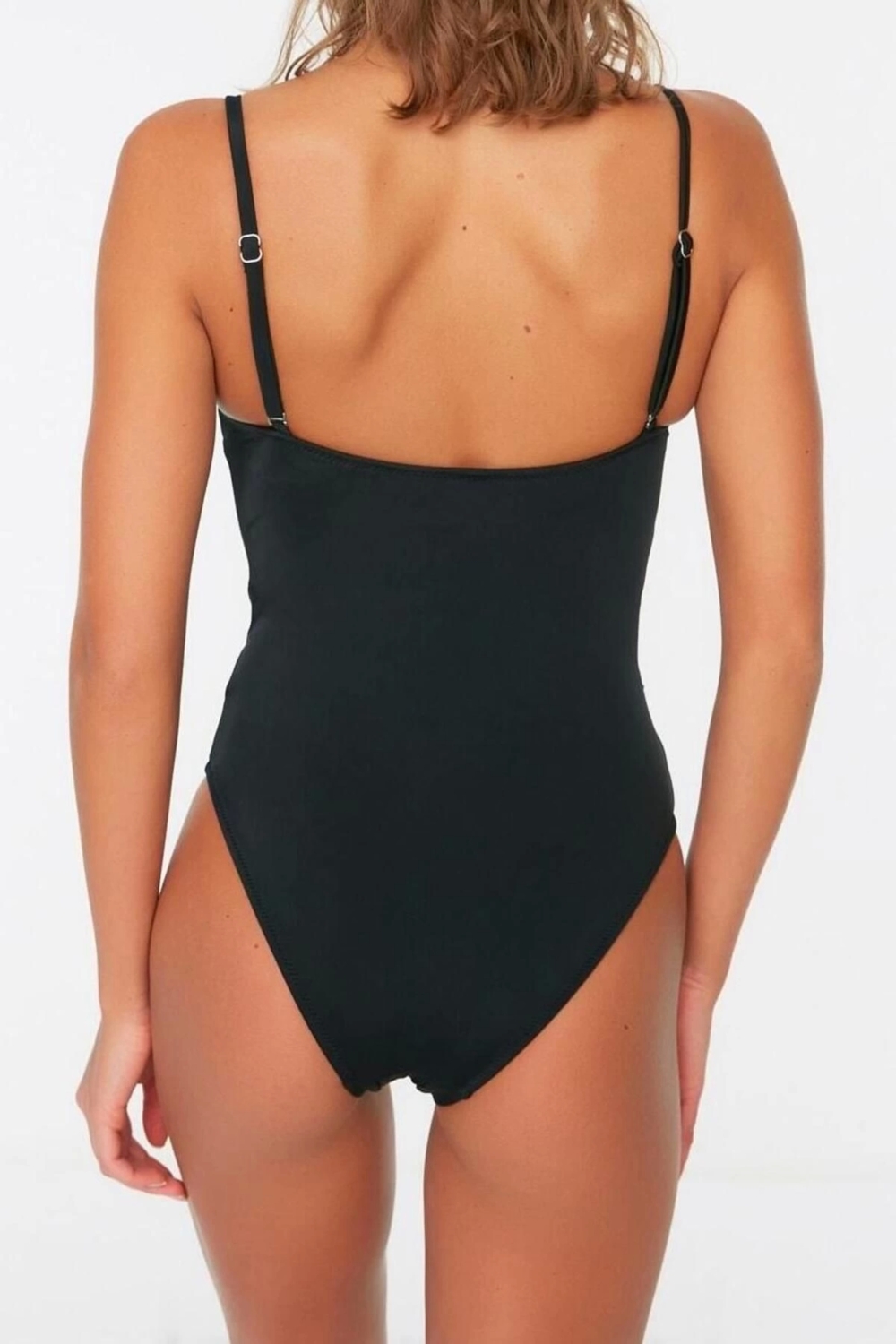 Kadın Moda Sabit Kap Askılı Brief Yaka Siyah Balkonet Mesh Detaylı Regular Mayo