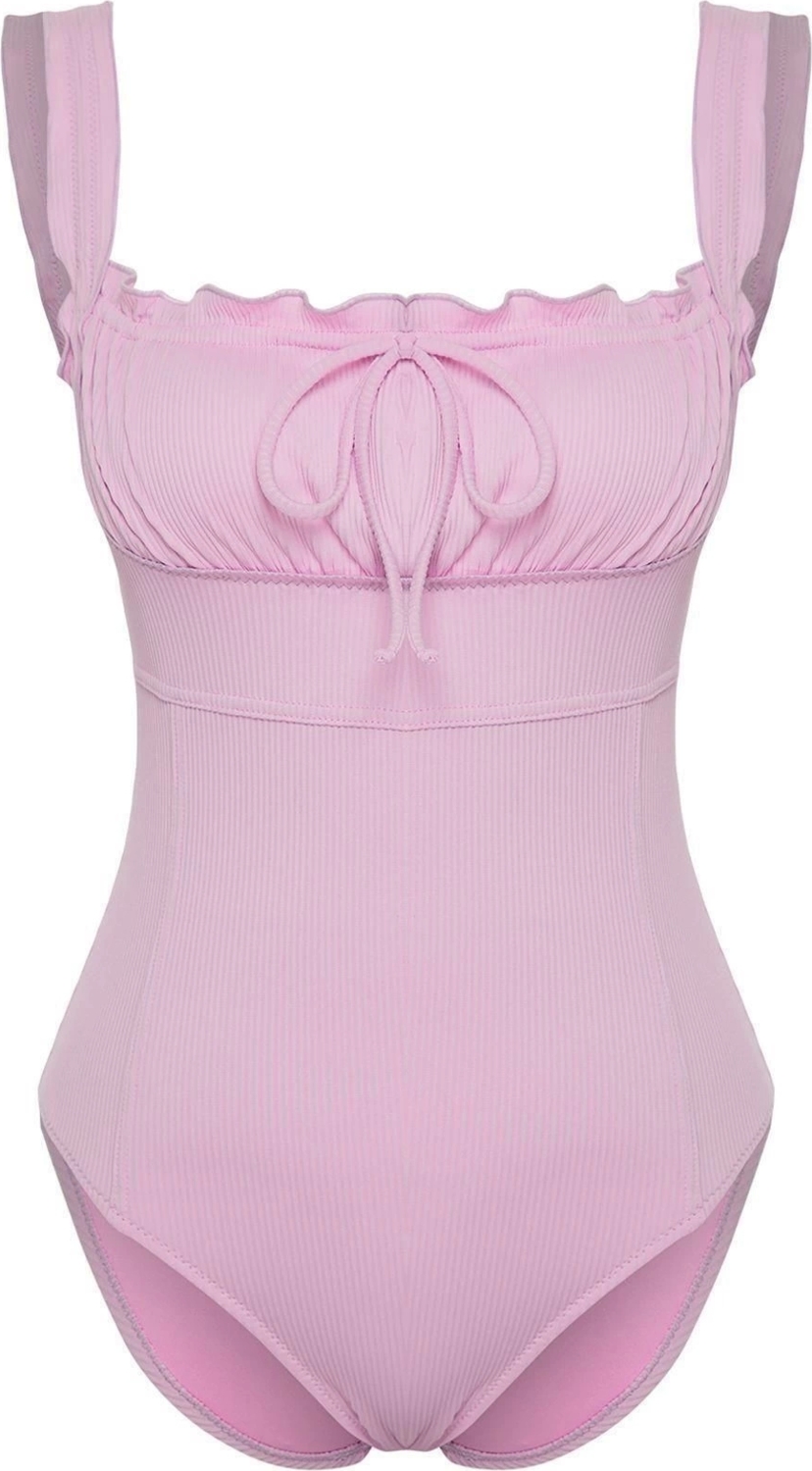 Kadın Moda Atma Kap Askılı Hipster Yaka Pembe Fırfırlı High Leg Regular Mayo