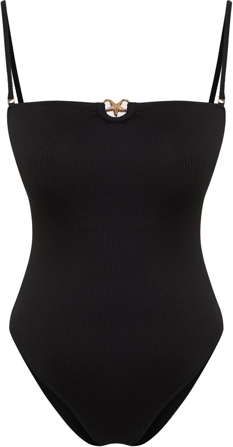 Kadın Moda Atma Kap Kolsuz Hipster Yaka Siyah Straplez Premium Aksesuarlı Regular Mayo