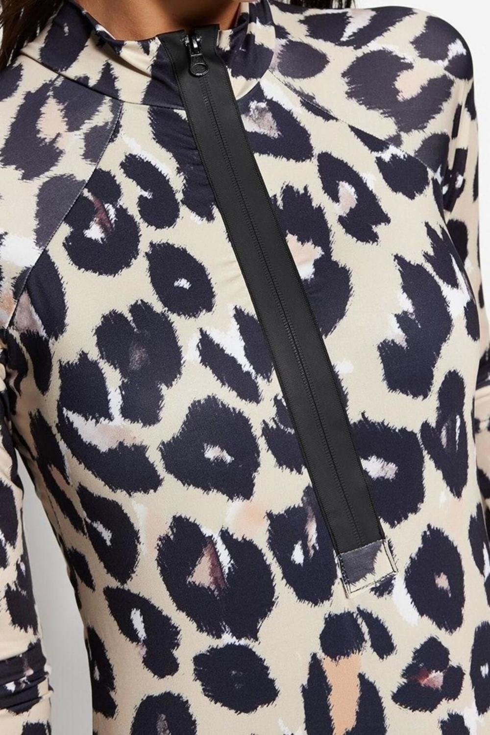 Kadın Moda Kapsız Uzun Brief Yaka Hayvan Desenli Yüzücü Fermuarlı Uzun Kollu Regular Mayo