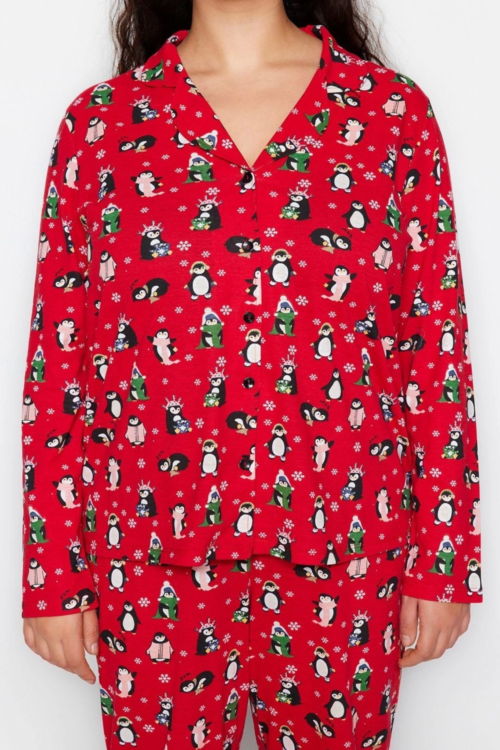 Tarz Rahat Büyük Beden Uzun Kollu Boru Paça Yılbaşı Temalı Örme Pijama Takımı