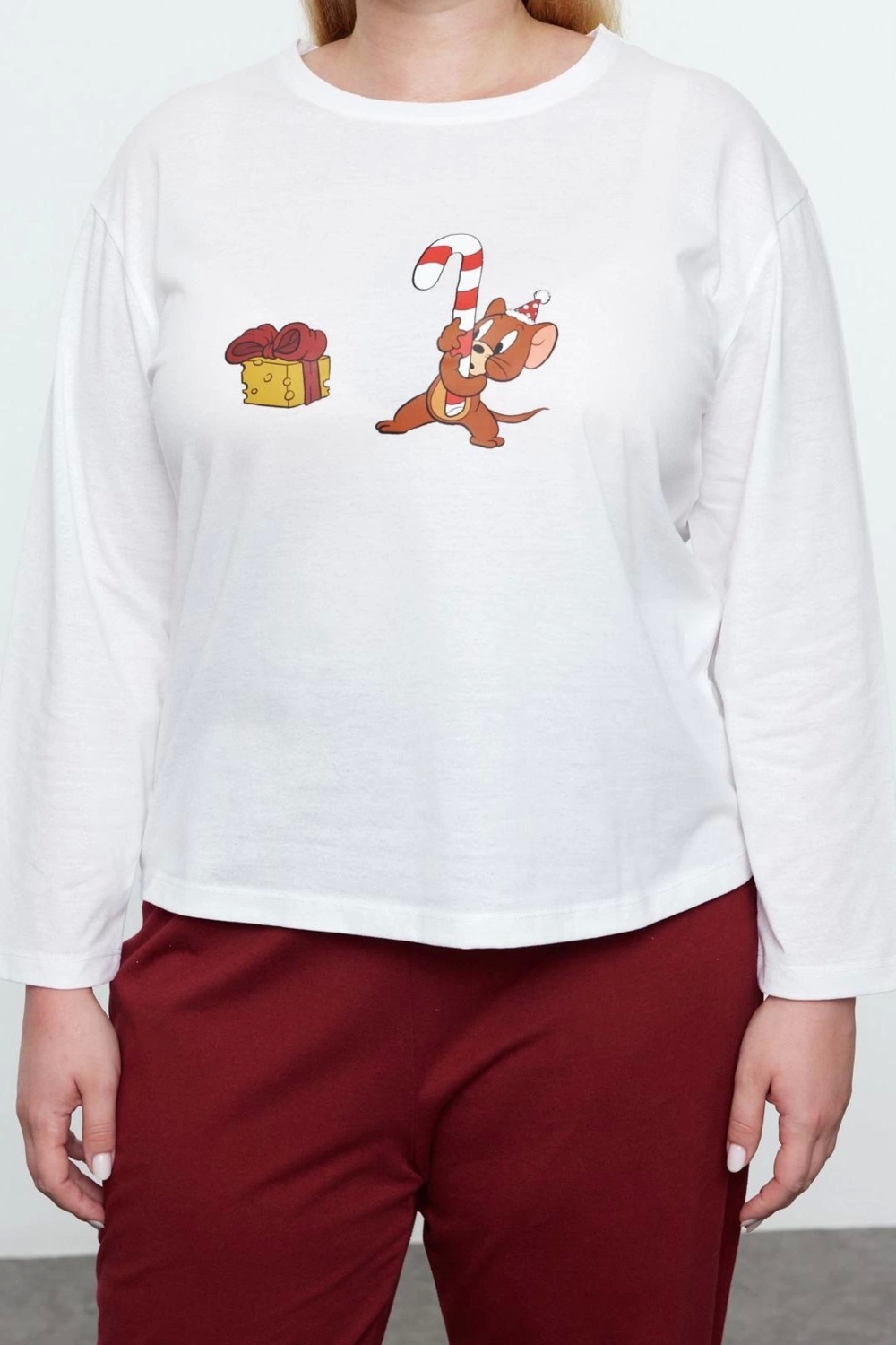 Tarz Rahat Büyük Beden Uzun Kollu Boru Paça Tom&Jerry Örme Pijama Takımı