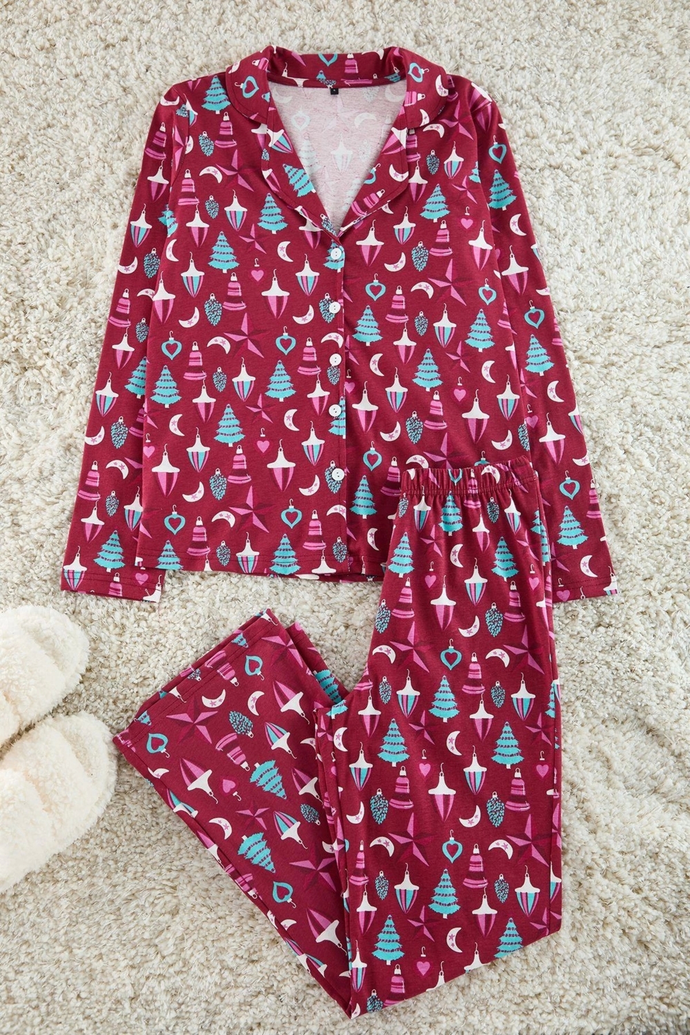 Tarz Rahat Uzun Kollu Boru Paça %100 Pamuklu Yılbaşı Temalı Örme Pijama Takımı