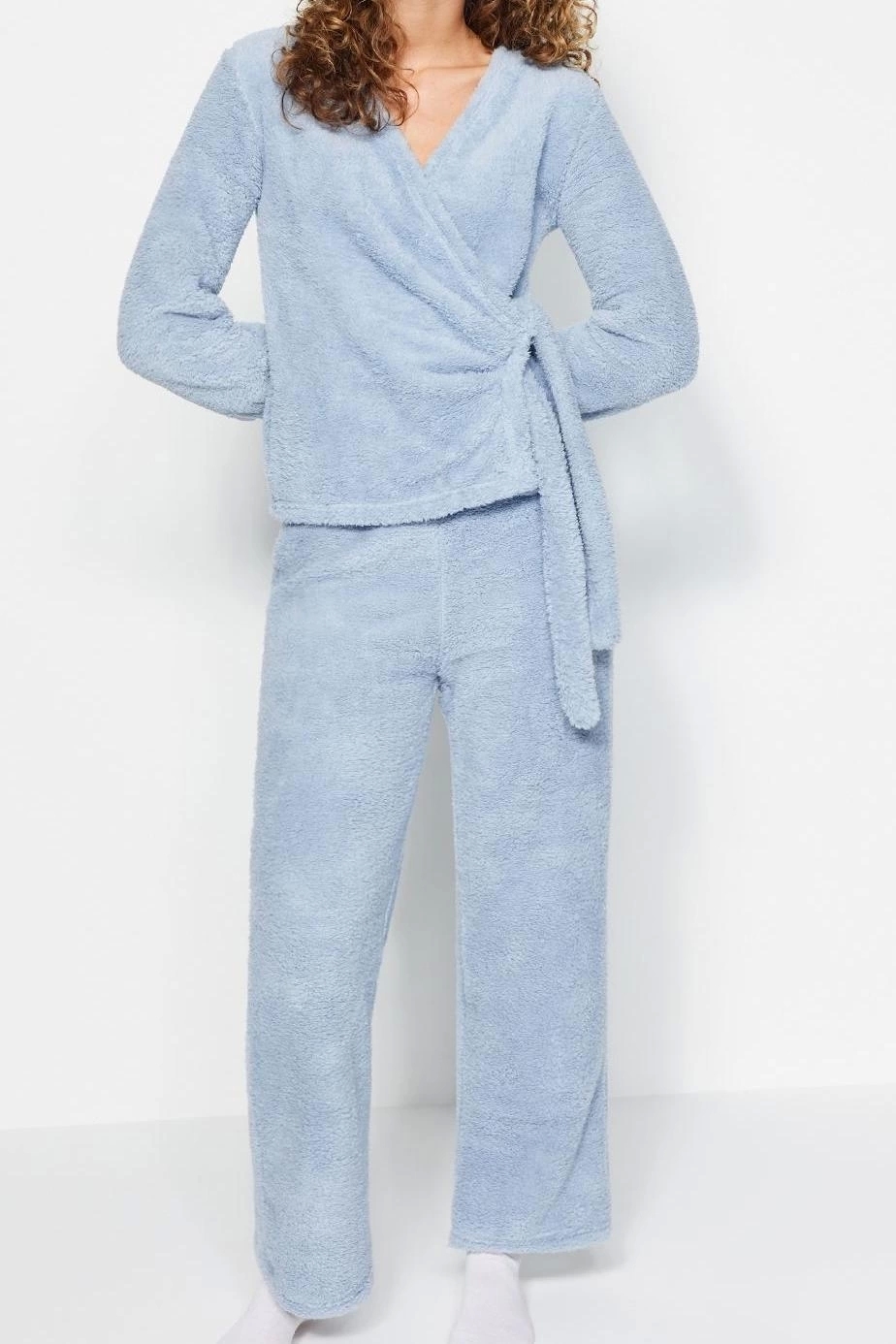 Tarz Rahat Uzun Kollu Boru Paça Pembe Yaka Wellsoft Kışlık Örme Pijama Takımı