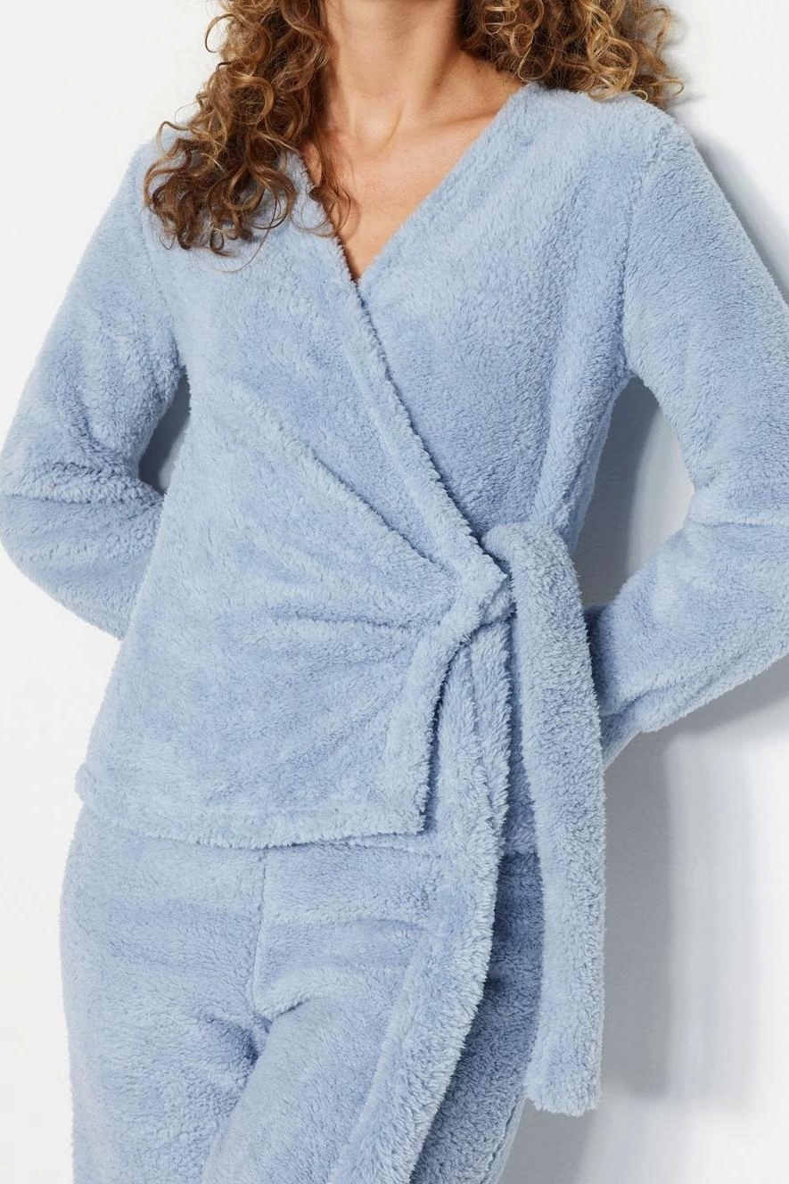 Tarz Rahat Uzun Kollu Boru Paça Pembe Yaka Wellsoft Kışlık Örme Pijama Takımı