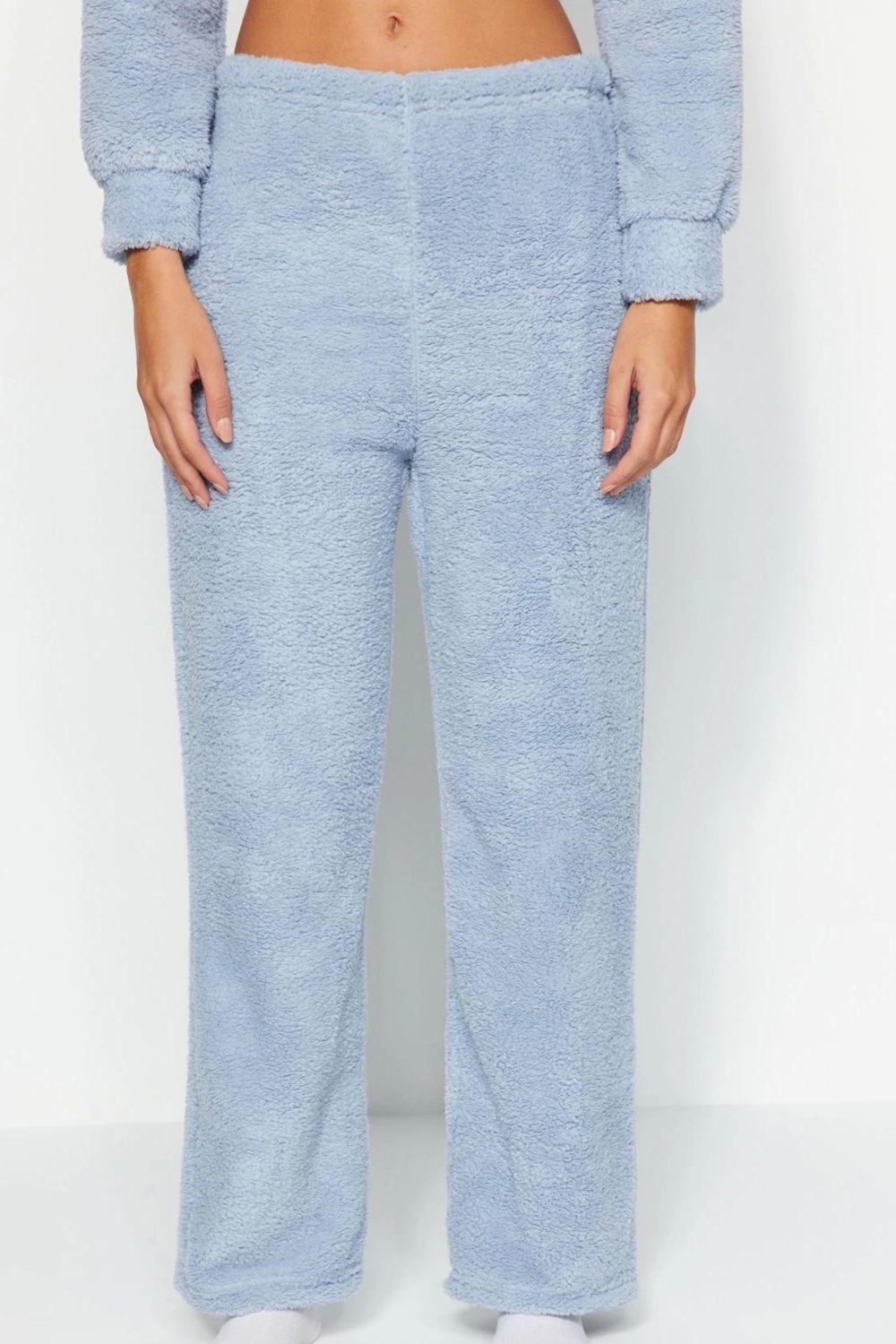 Tarz Rahat Uzun Kollu Boru Paça Pembe Yaka Wellsoft Kışlık Örme Pijama Takımı