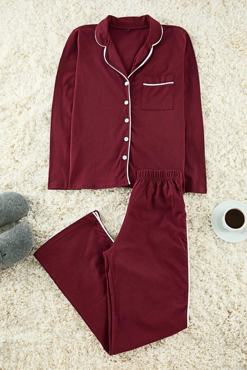 Kadın Biye Detaylı Uzun Kollu Pijama Seti Fonksiyonel Dayanıklı Kaliteli Konforlu Estetik Şık