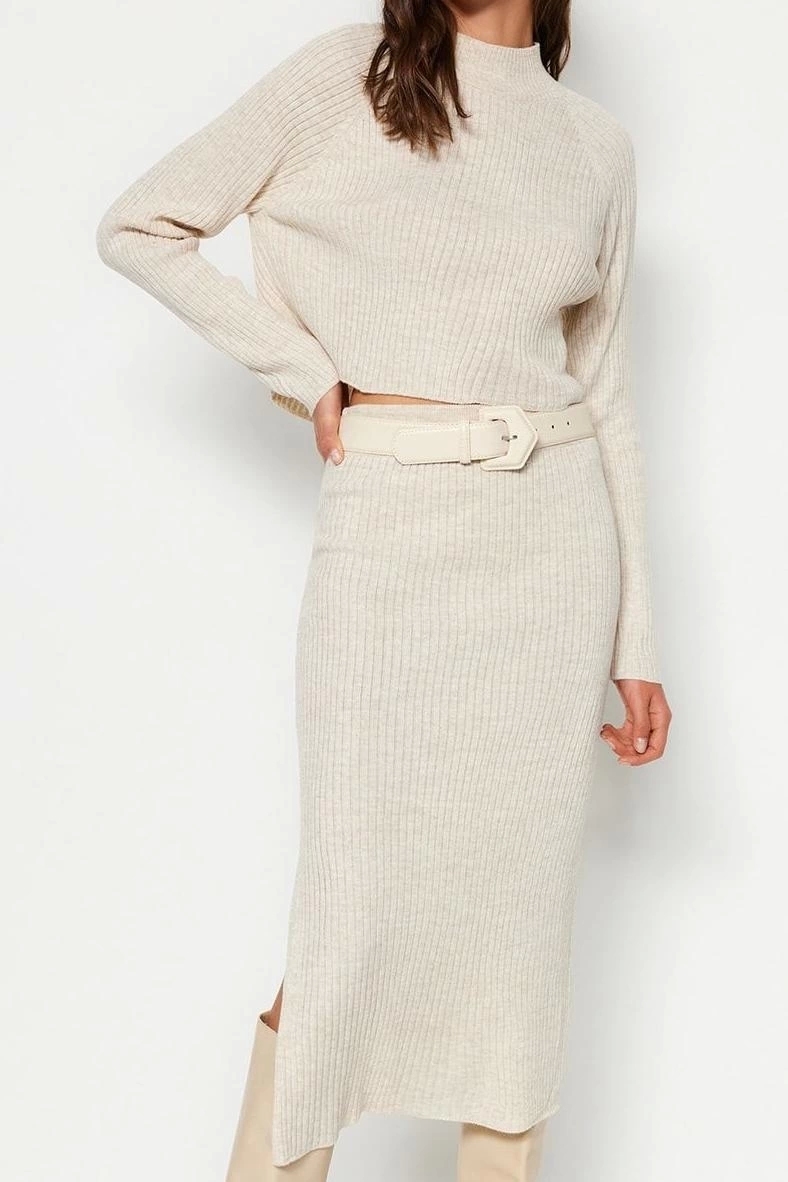 Tarz Kadın Modern Moda Yüksek Bel Geniş Paça Bisiklet Yaka Crop Basic Etekli Triko Alt-Üst Takım