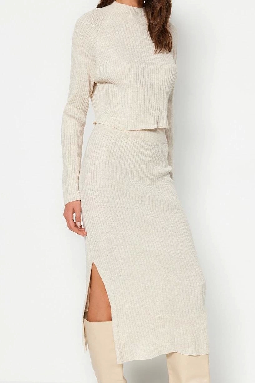 Tarz Kadın Modern Moda Yüksek Bel Geniş Paça Bisiklet Yaka Crop Basic Etekli Triko Alt-Üst Takım