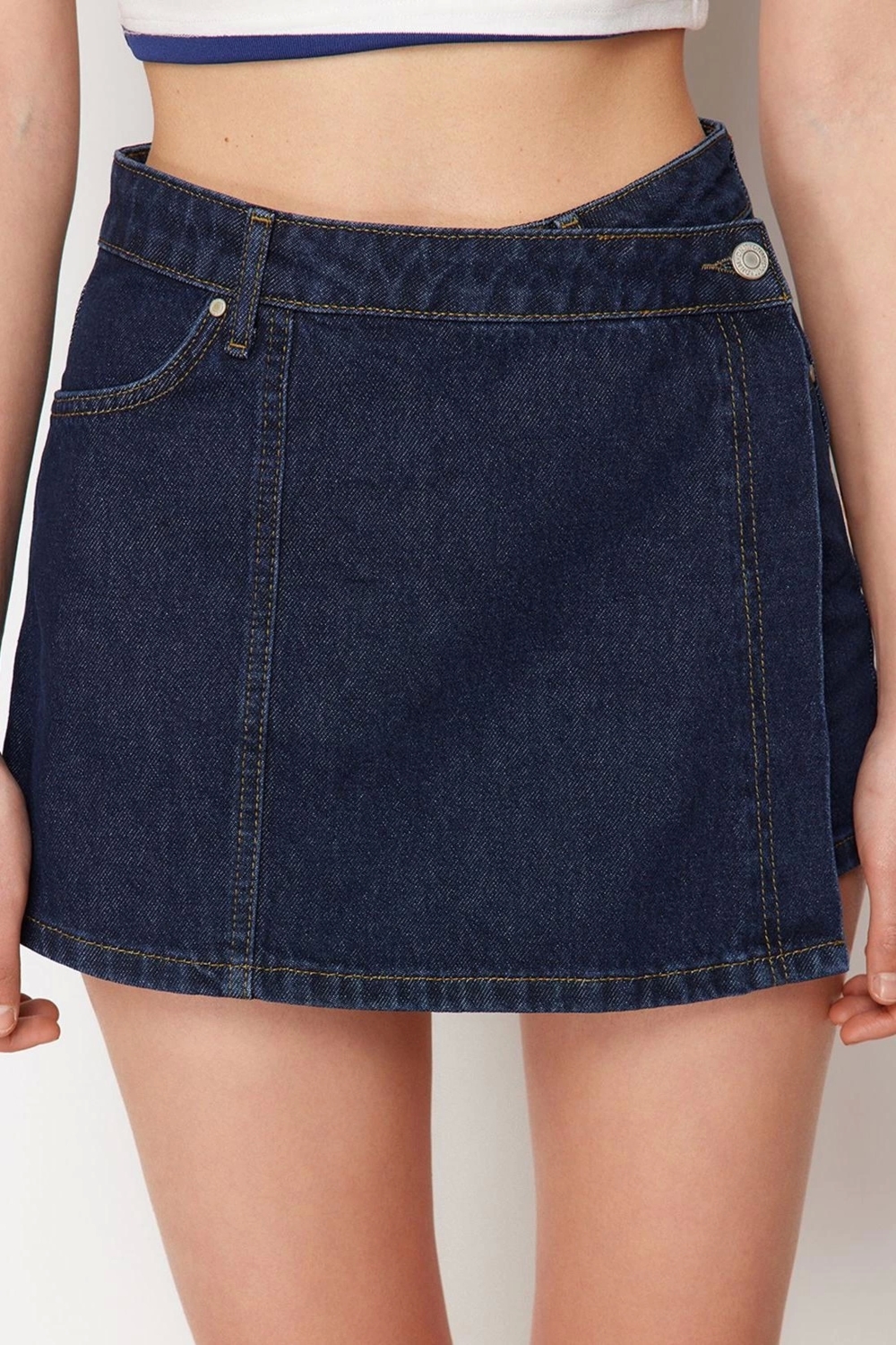 Moda Denim Yüksek Bel Boru Paça Gündelik Koyu Mavi Şort Etek