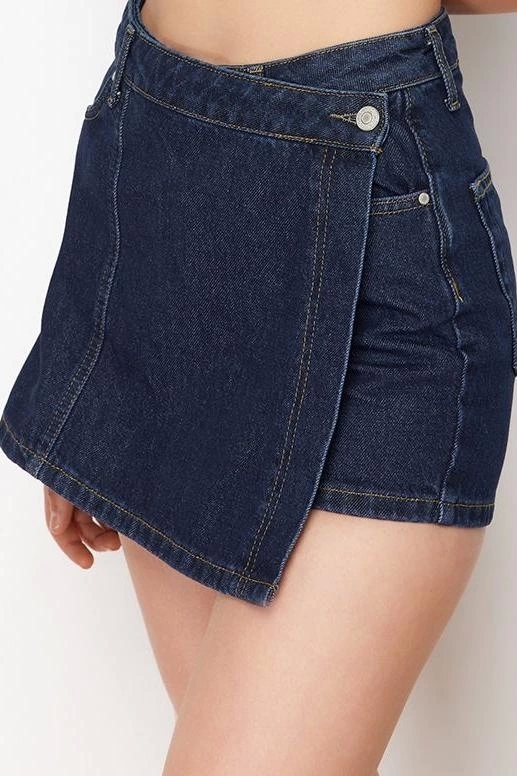 Moda Denim Yüksek Bel Boru Paça Gündelik Koyu Mavi Şort Etek