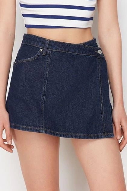 Moda Denim Yüksek Bel Boru Paça Gündelik Koyu Mavi Şort Etek