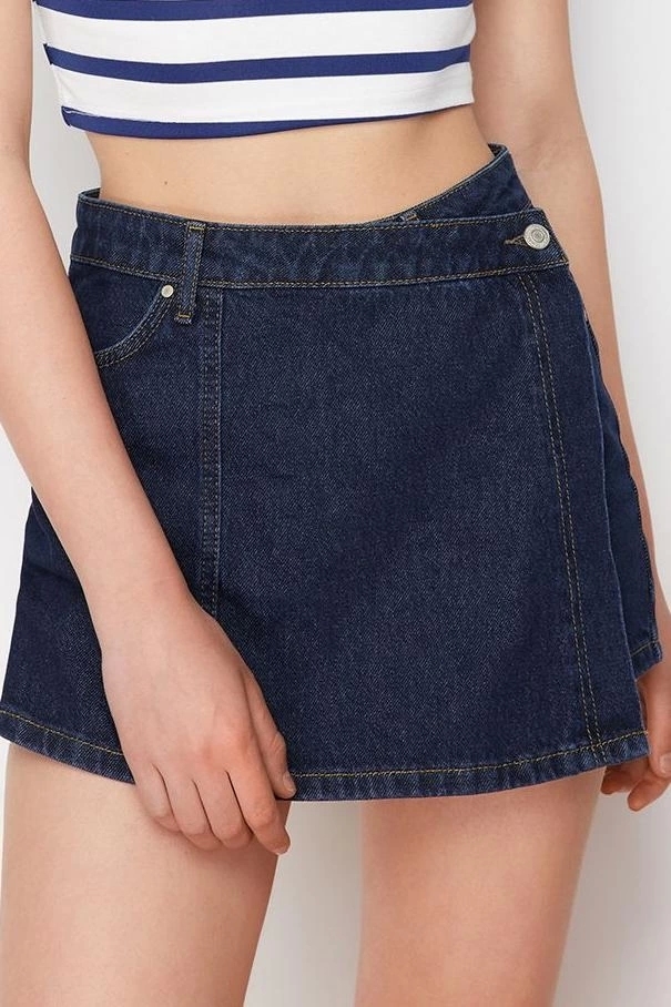 Moda Denim Yüksek Bel Boru Paça Gündelik Koyu Mavi Şort Etek