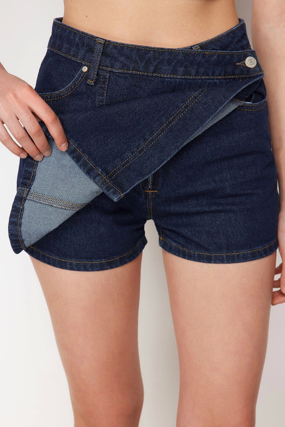 Moda Denim Yüksek Bel Boru Paça Gündelik Koyu Mavi Şort Etek