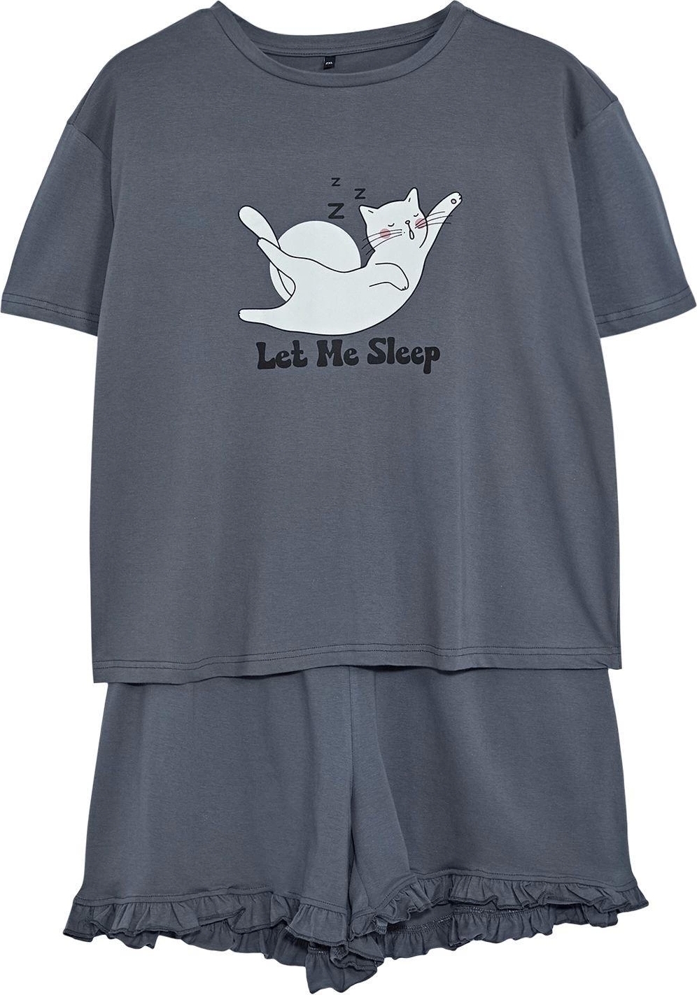 Tarz Rahat Büyük Beden Uzun Kollu Boru Paça Pembe Kedi Baskılı Örme Pijama Takımı