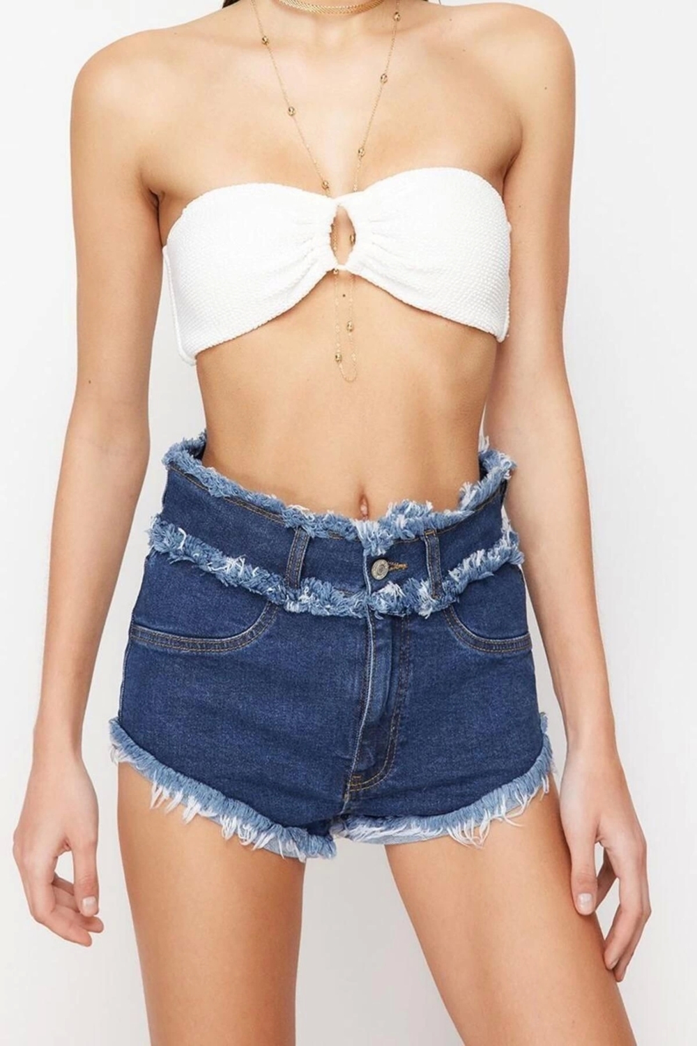 Moda Denim Yüksek Bel Dar Paça Plaj Mavi Denim Püsküllü Şort Bermuda