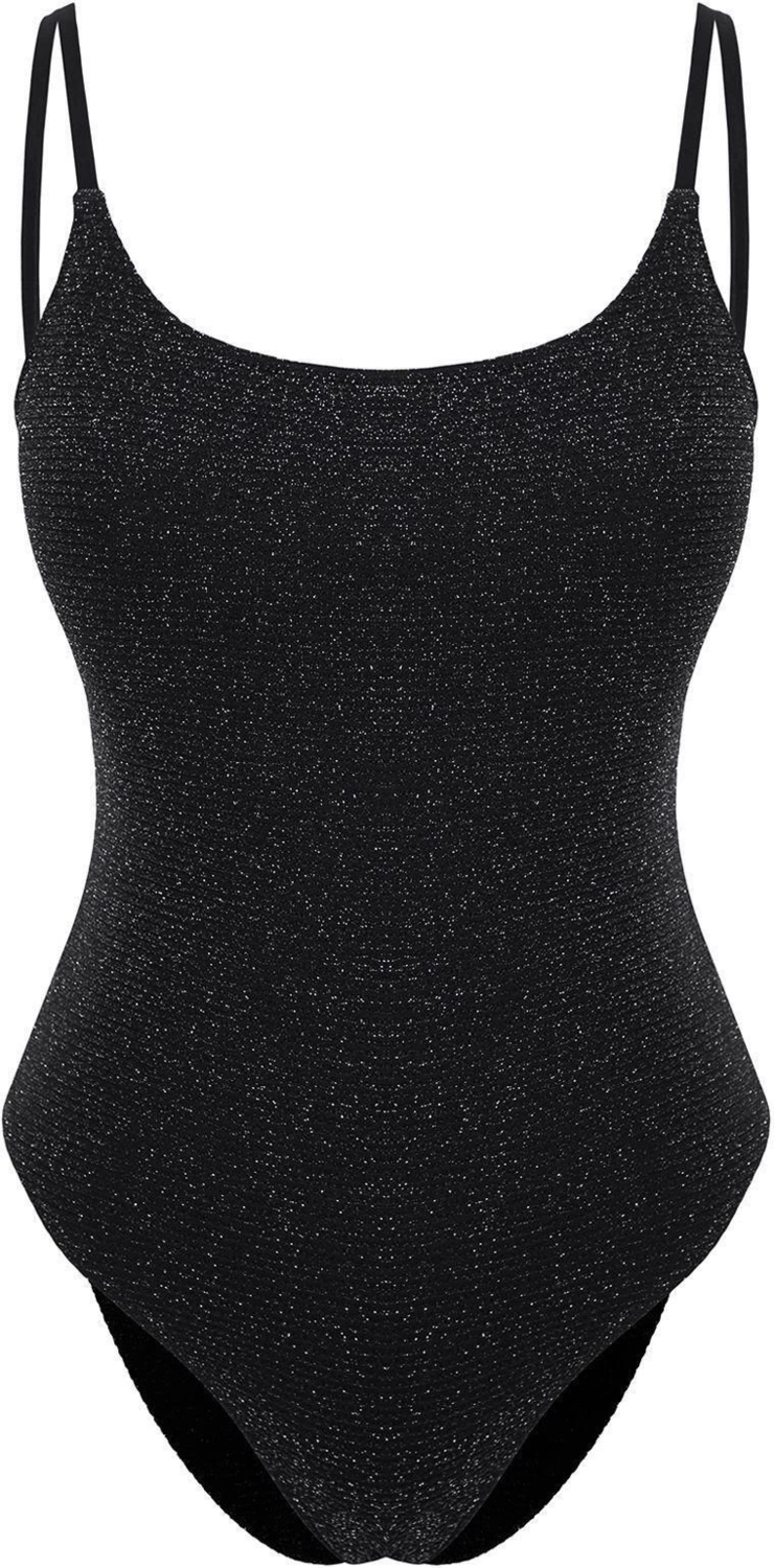 Kadın Moda Atma Kap Askılı Brief Yaka Siyah Simli Regular Mayo