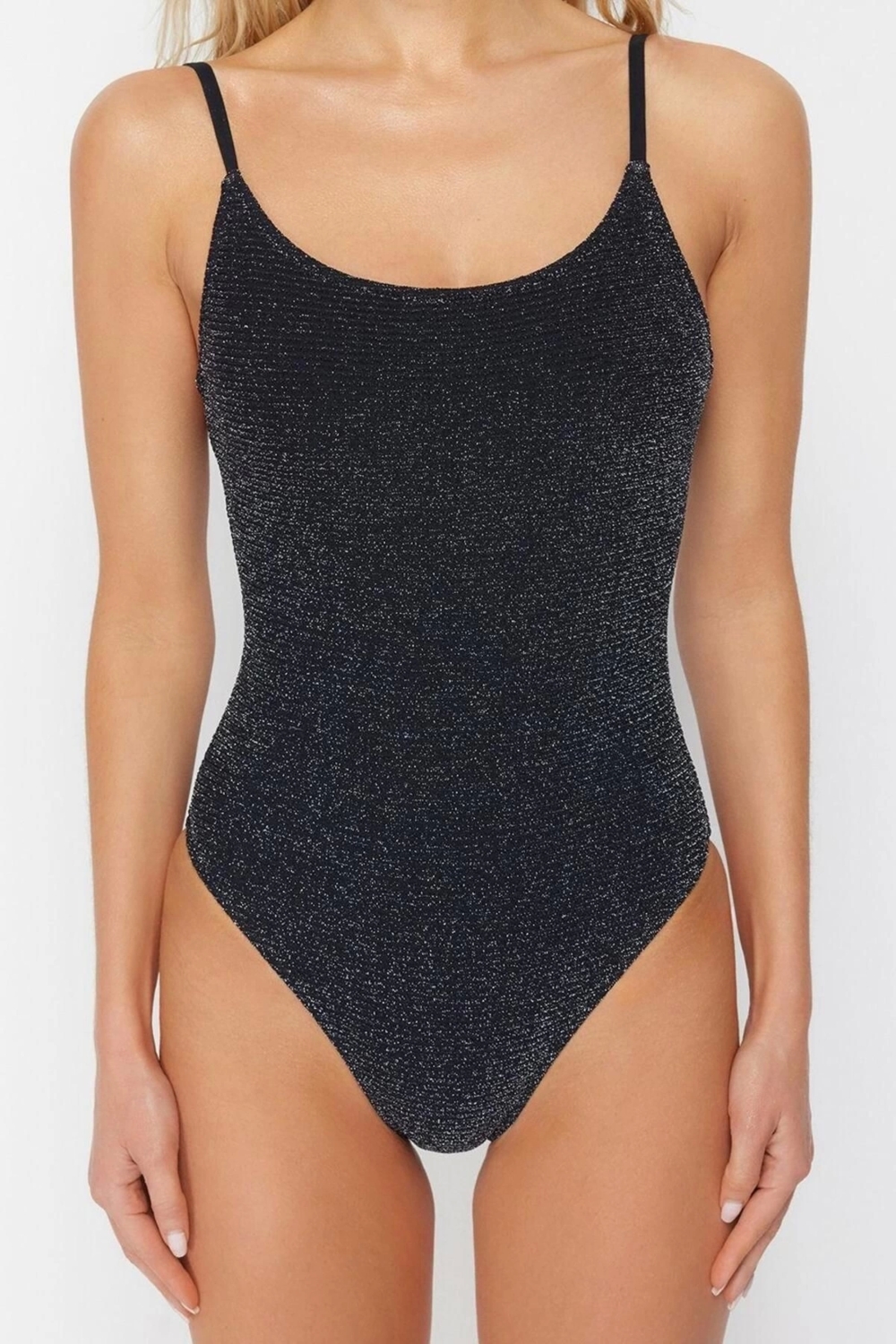 Kadın Moda Atma Kap Askılı Brief Yaka Siyah Simli Regular Mayo