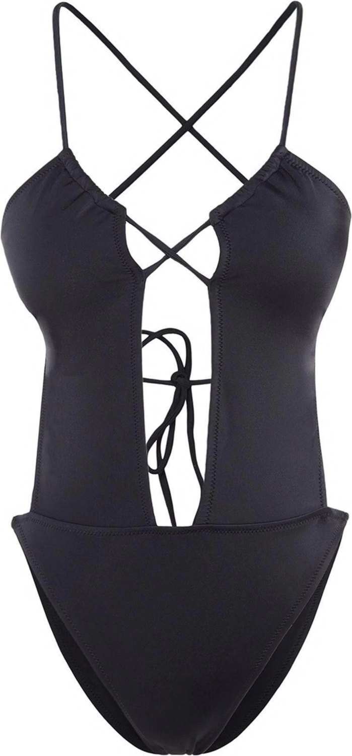 Kadın Moda Atma Kap Askılı Slip Yaka Siyah Derin Dekolteli Biyeli Normal Paça Mayo