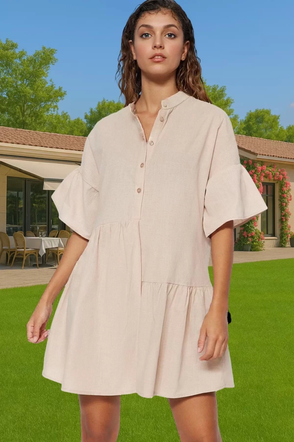 Kadın A line Flamlı Pamuk Mini Elbise Yazlık Plaj Stili Modern Stil Dayanıklı Malzeme Seçkin Malzeme
