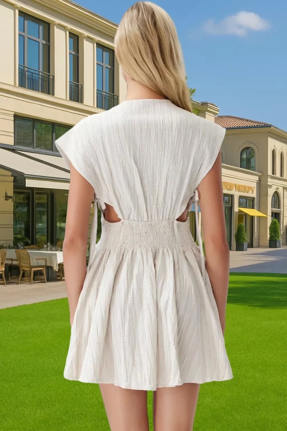 Keten Karışımlı V Yaka Mini Elbise Cut Out Detaylı Yazlık Elbise Profesyonel Görünüm Trend Tasarım