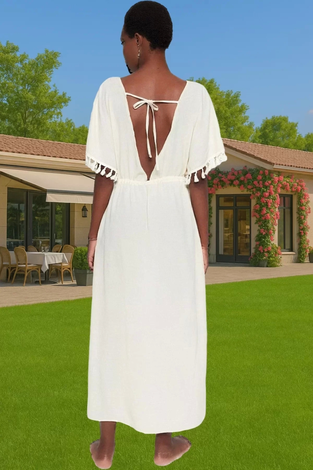 Rahat V Yaka Maxi Plaj Elbisesi Dokuma Crinkle Kumaş Premium Kalite Modern Stil Mükemmel Uyum