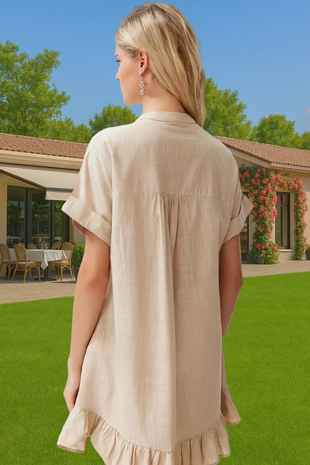 Rahat Pamuklu Mini Flamlı Dokuma V Yaka Plaj Elbisesi Şık Görünüm Trend Tasarım Dayanıklı Malzeme