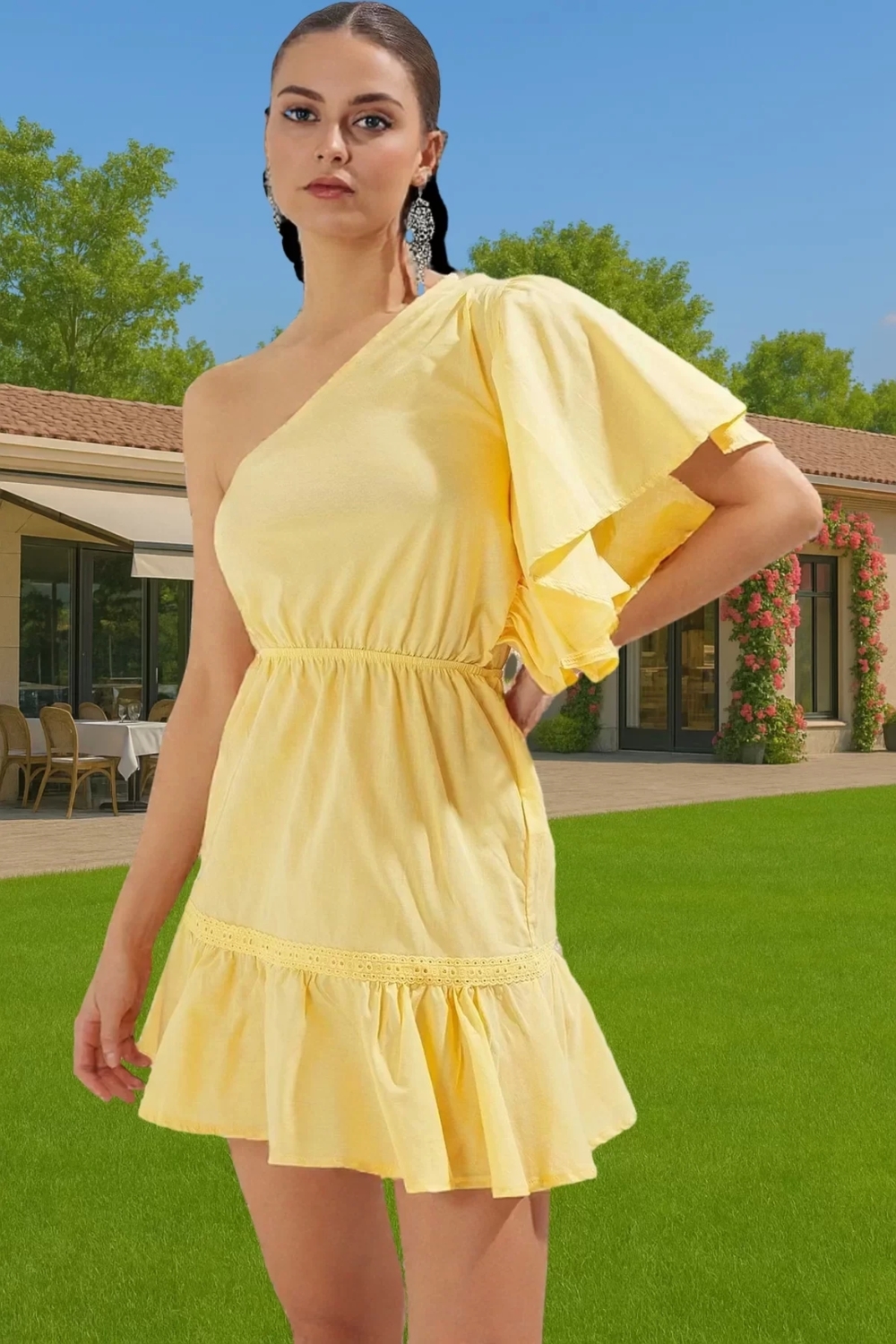 Yazlık Kadın Tek Omuz Mini Pamuk Elbise Rahat Kullanım Günlük Kullanım İçin Modern Stil