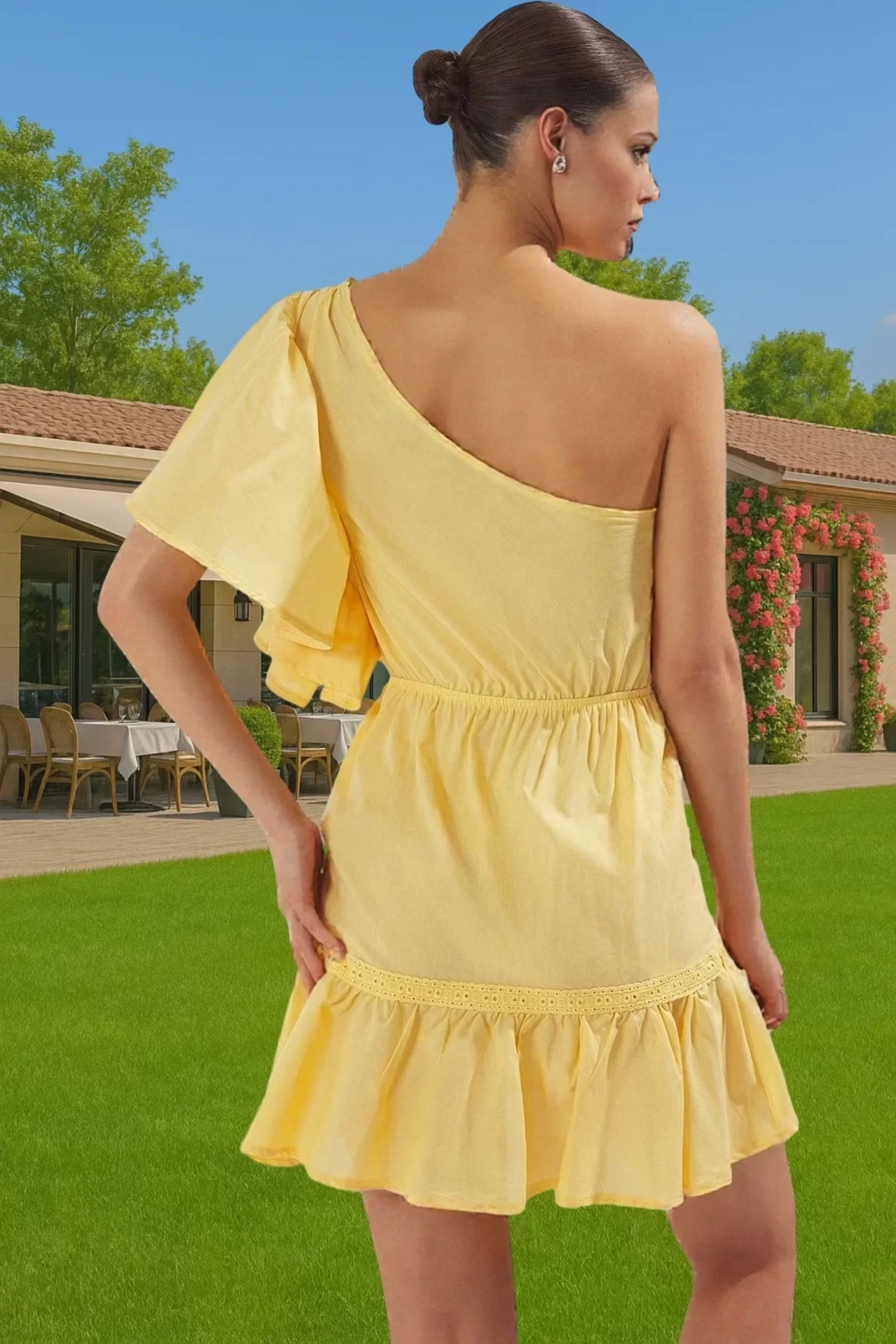 Yazlık Kadın Tek Omuz Mini Pamuk Elbise Rahat Kullanım Günlük Kullanım İçin Modern Stil