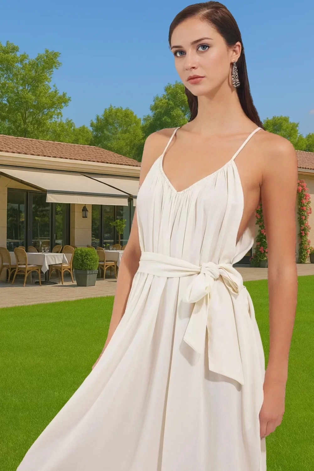 Şık V Yaka Maxi Plaj Elbisesi Bel Detayı Ile Viskoz Polyester Karışım Trend Tasarım