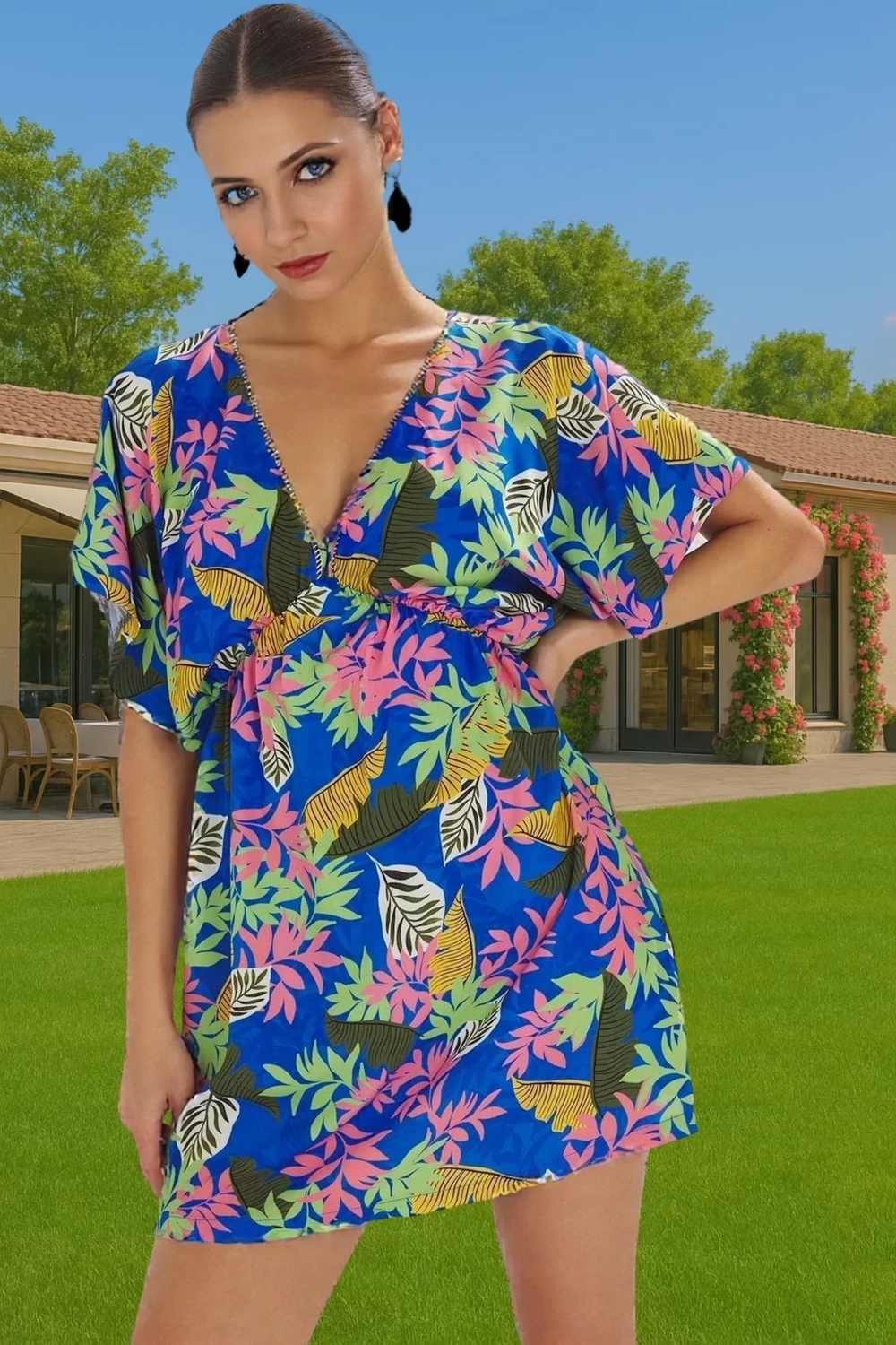 Shally Dokuma Viskoz Mini Elbise Çiçek Desenli Yazlık Plaj Günlük Kullanım İçin Modern Stil