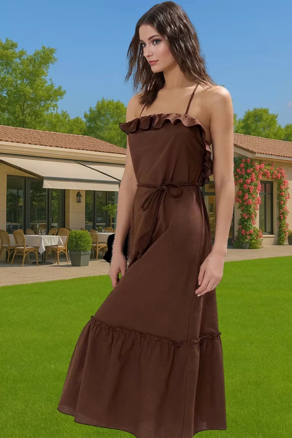A line Maxi Pamuk Plaj Elbisesi Kare Yaka Volanlı Detaylı Yazlık Trend Tasarım Premium Kalite