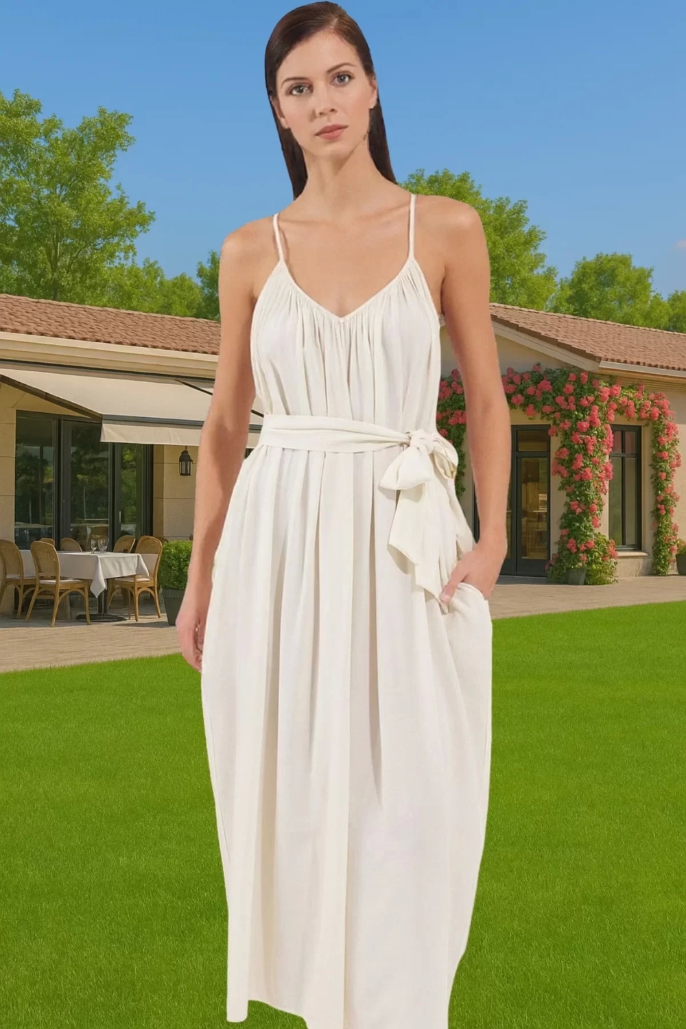 Şık V Yaka Maxi Plaj Elbisesi Bel Detayı Ile Viskoz Polyester Karışım Trend Tasarım