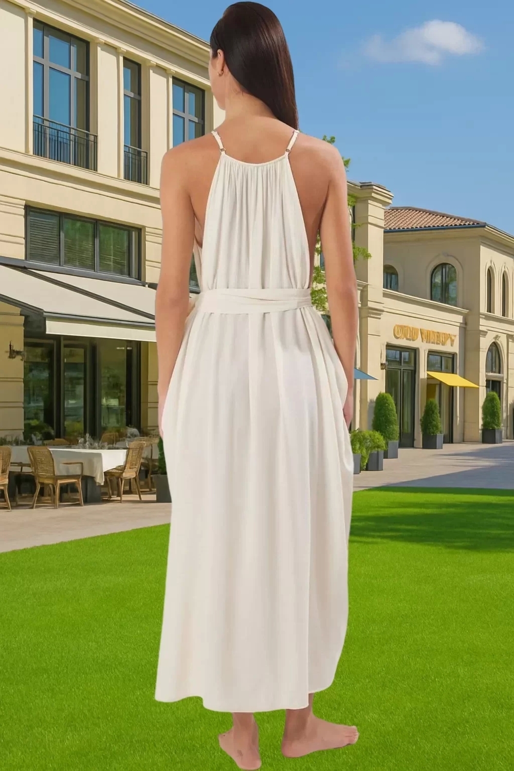 Şık V Yaka Maxi Plaj Elbisesi Bel Detayı Ile Viskoz Polyester Karışım Trend Tasarım