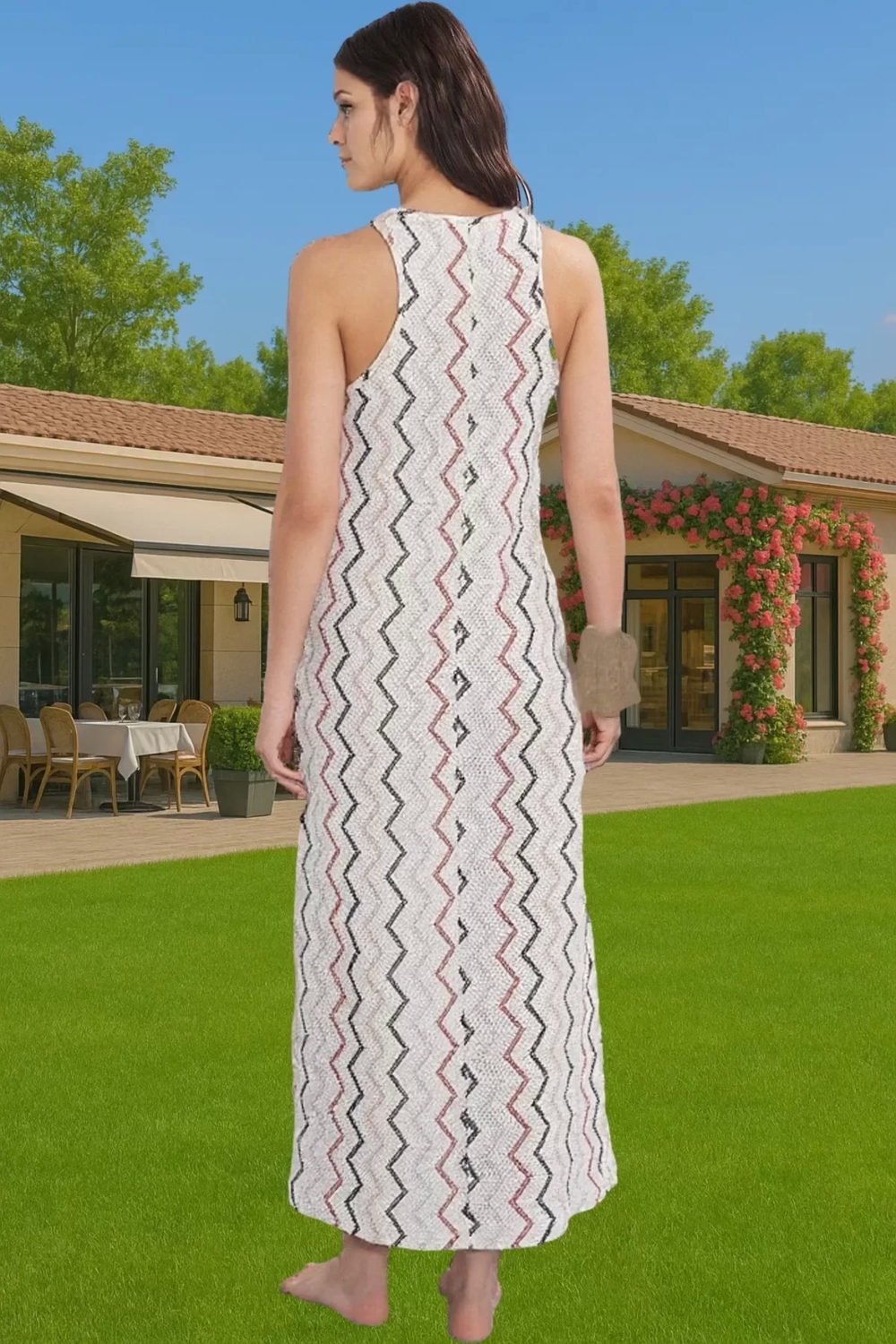 A line Kalıp Maxi Triko Örme Plaj Elbisesi Geometrik Desenli Rahat Uzun Ömürlü Seçkin Malzeme