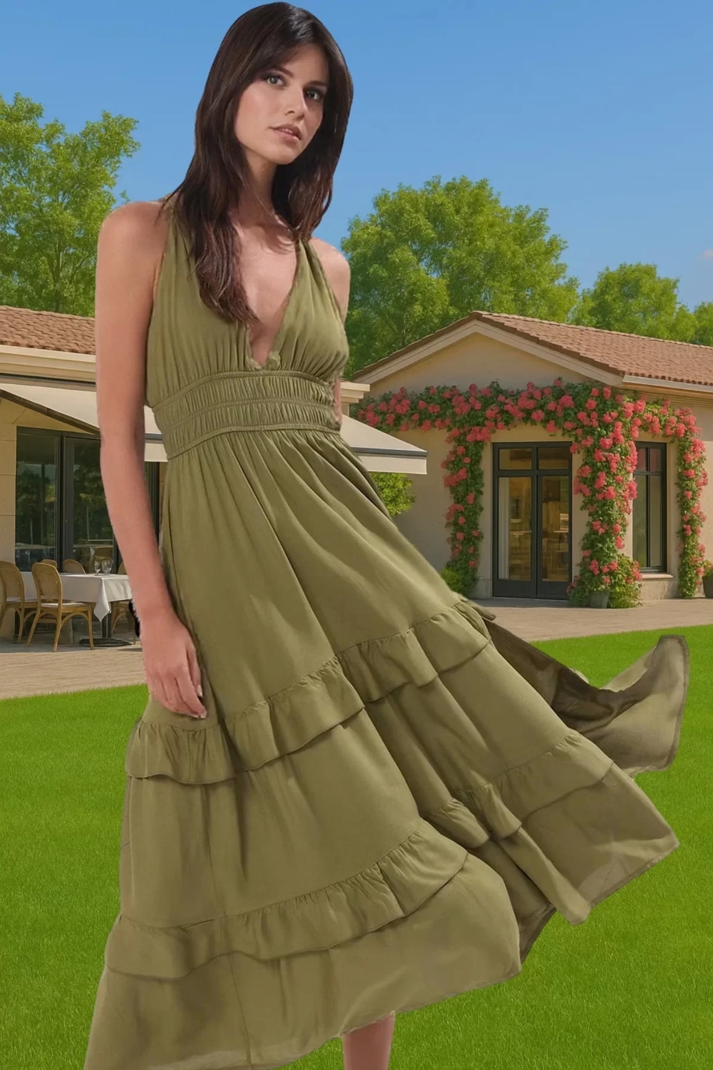 Kadın Yazlık Plaj Elbisesi Volanlı Haki Maxi Elbise Rahat Rahat Kullanım Uzun Ömürlü Modern Stil
