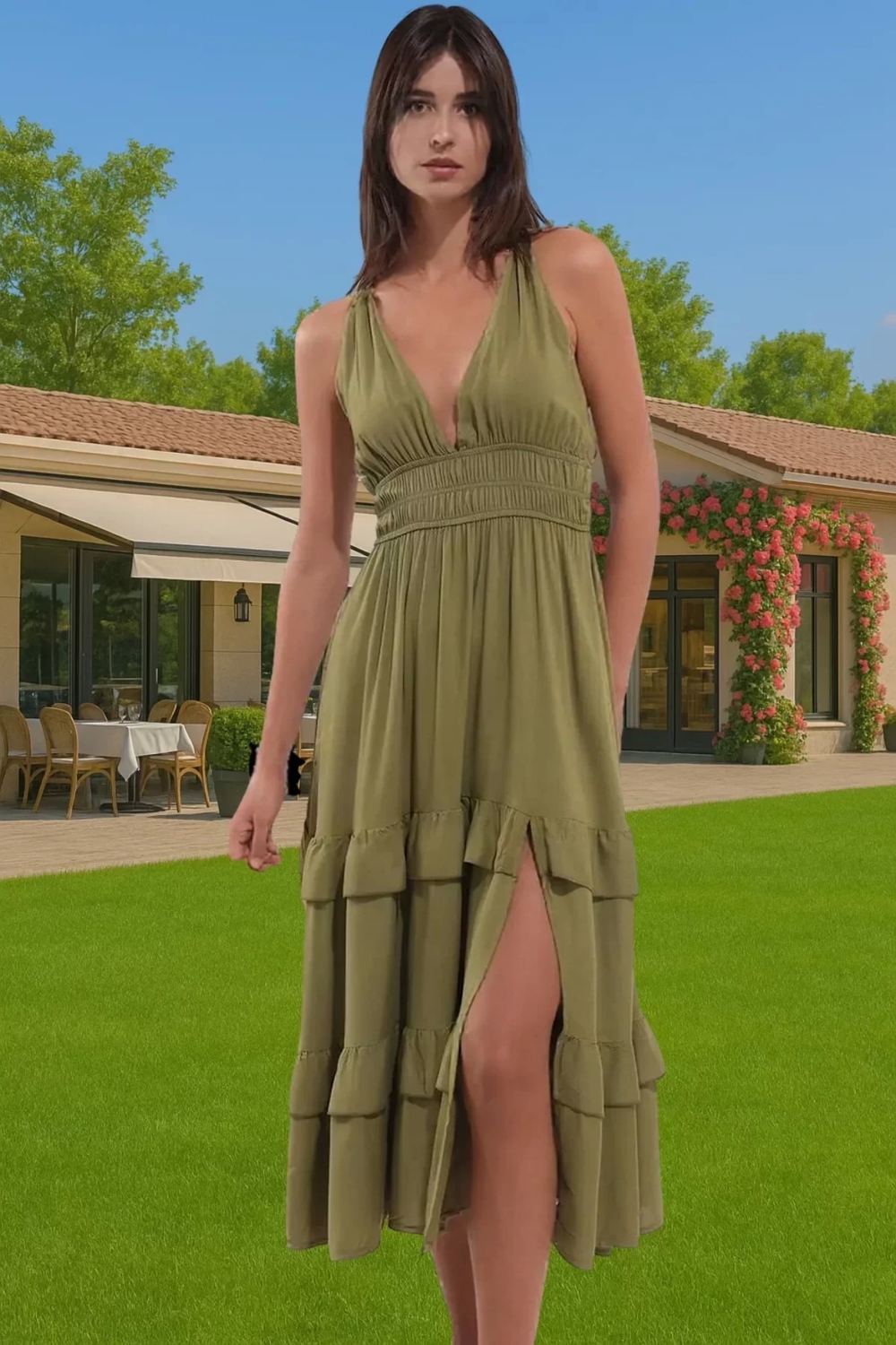 Kadın Yazlık Plaj Elbisesi Volanlı Haki Maxi Elbise Rahat Rahat Kullanım Uzun Ömürlü Modern Stil