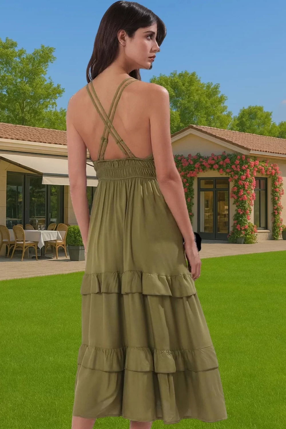 Kadın Yazlık Plaj Elbisesi Volanlı Haki Maxi Elbise Rahat Rahat Kullanım Uzun Ömürlü Modern Stil