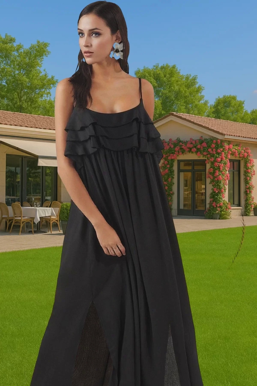 Viskoz Crinkle Kumaş Maxi Plaj Elbisesi Volanlı Detaylar ile Yazlık Özel Tasarım Trend Tasarım