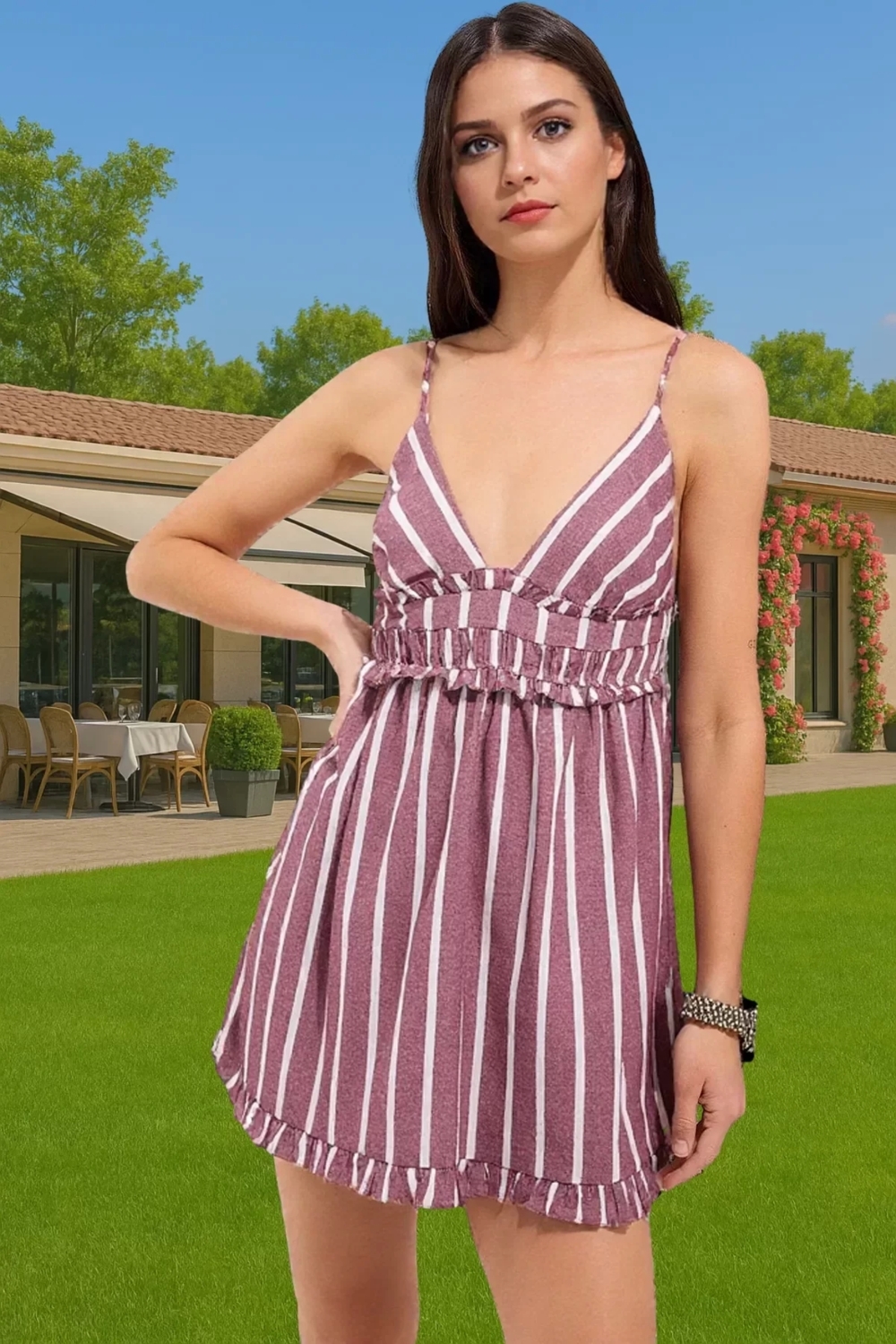Şeritli Flamlı Pamuk Mini Elbise Yazlık Plaj Modası Premium Kalite Şık Görünüm Premium Kalite