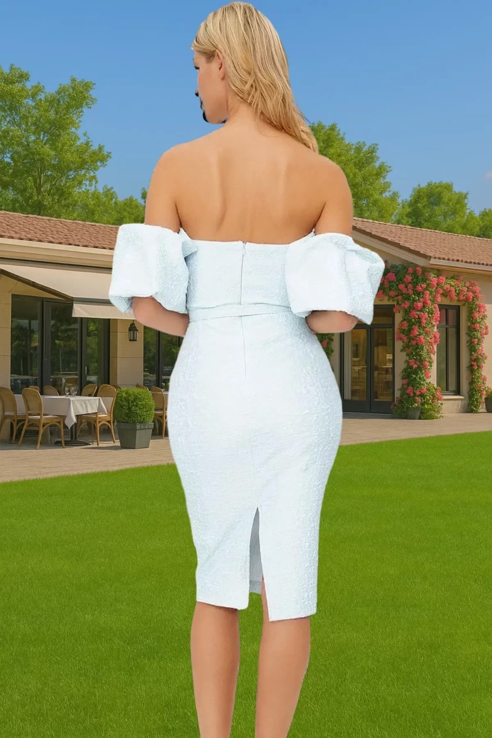 Moda Fit Mezuniyet Balo Jakar Dokuma Carmen Yaka Kısa Kol Bodycone Midi Boy Elbise