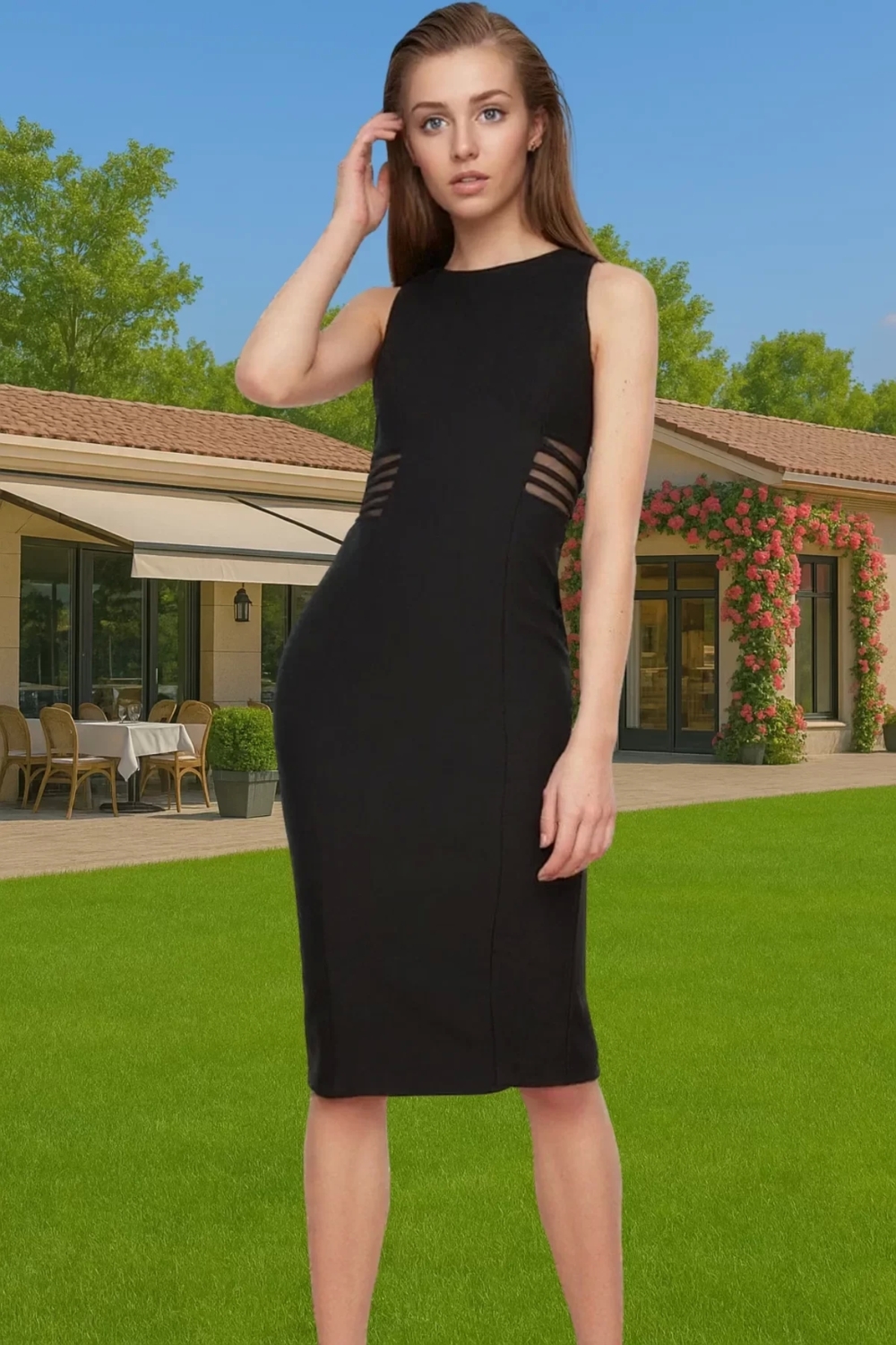 Zarif Kayık Yaka Kolsuz Midi Abiye Elbise Finike Dokuma Polyester Trend Tasarım Trend Tasarım
