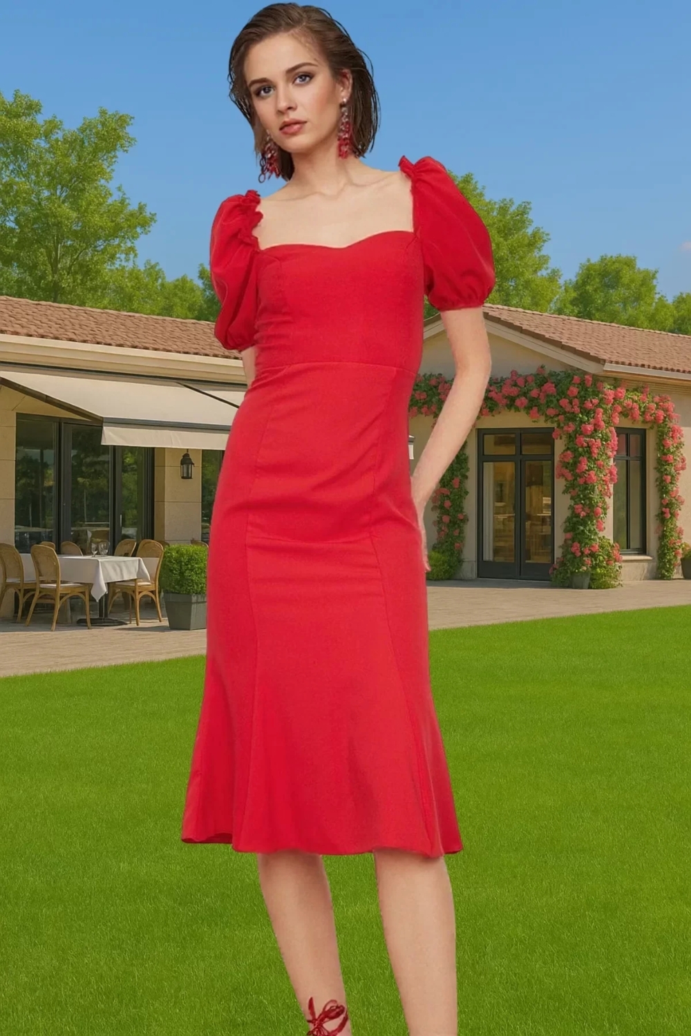 Şık Kalp Yaka Kısa Kollu Polyester Abiye Elbise Premium Kalite Dayanıklı Malzeme Kaliteli İşçilik