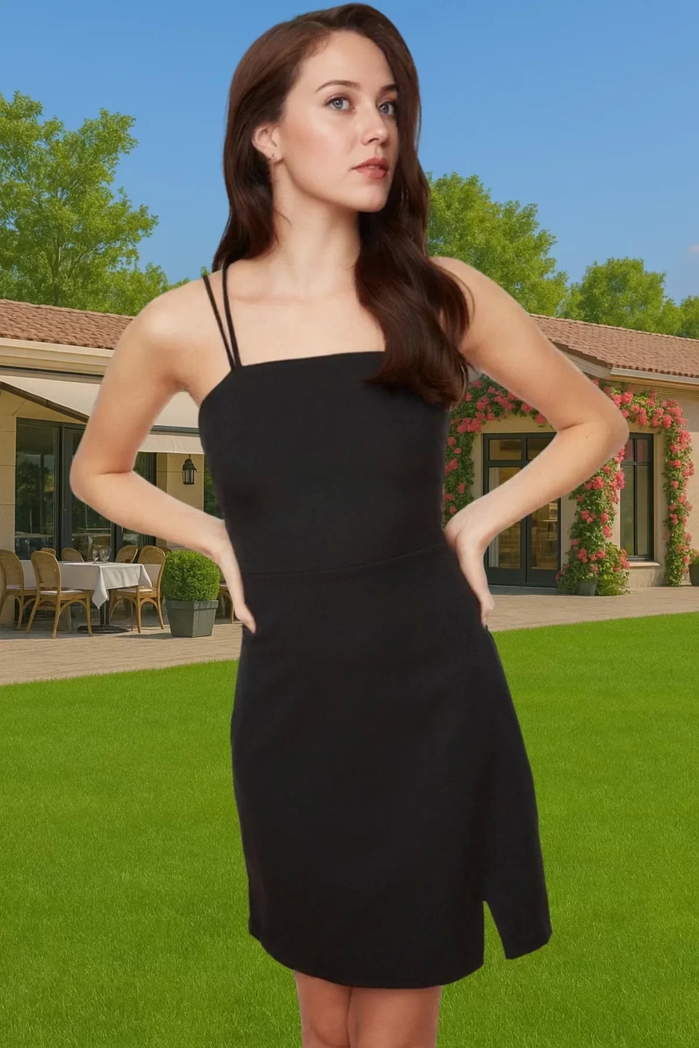 Kadın Siyah Askılı Kısa Bodycon Elbise Polyester Yazlık Şık Uzun Ömürlü Zarifane Tasarım