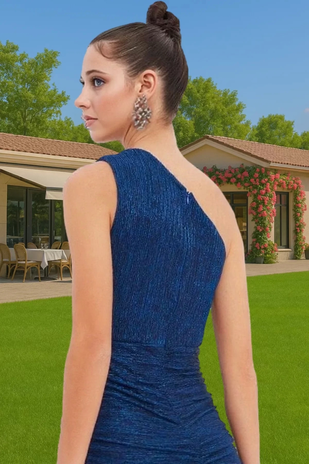 Asimetrik Yaka Tek Omuz Bodycon Mini Örme Elbise Polyester Metalik Mezuniyet Dayanıklı Malzeme