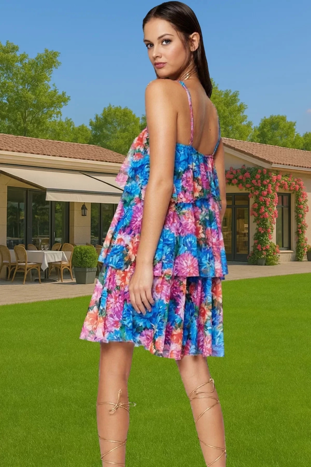 Çiçek Desenli Tül Mini Abiye Elbise Astarlı V Yaka Skater Rahat Ve Şık Modern Stil Modern Stil